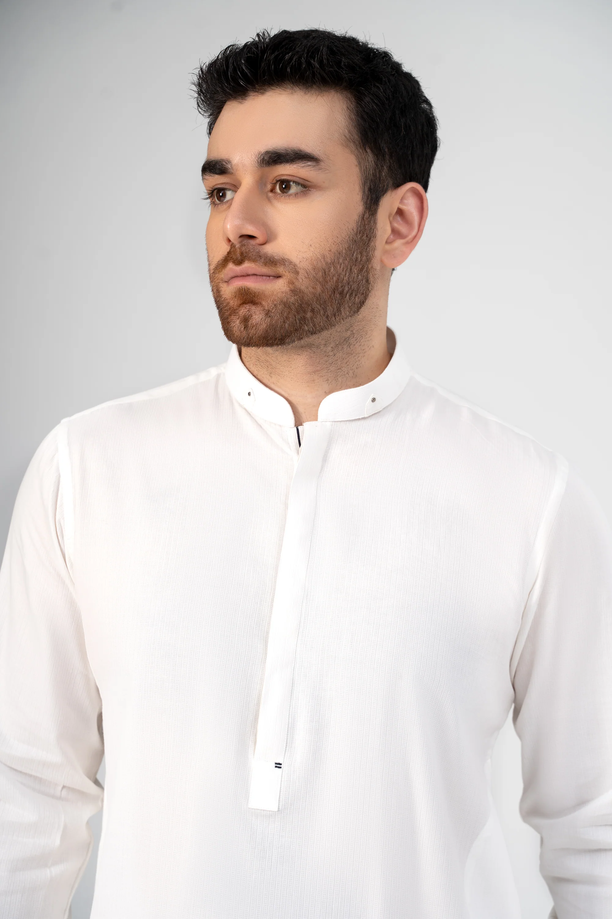 SELF DOBBY KURTA PAJAMA WHITE - Image 4