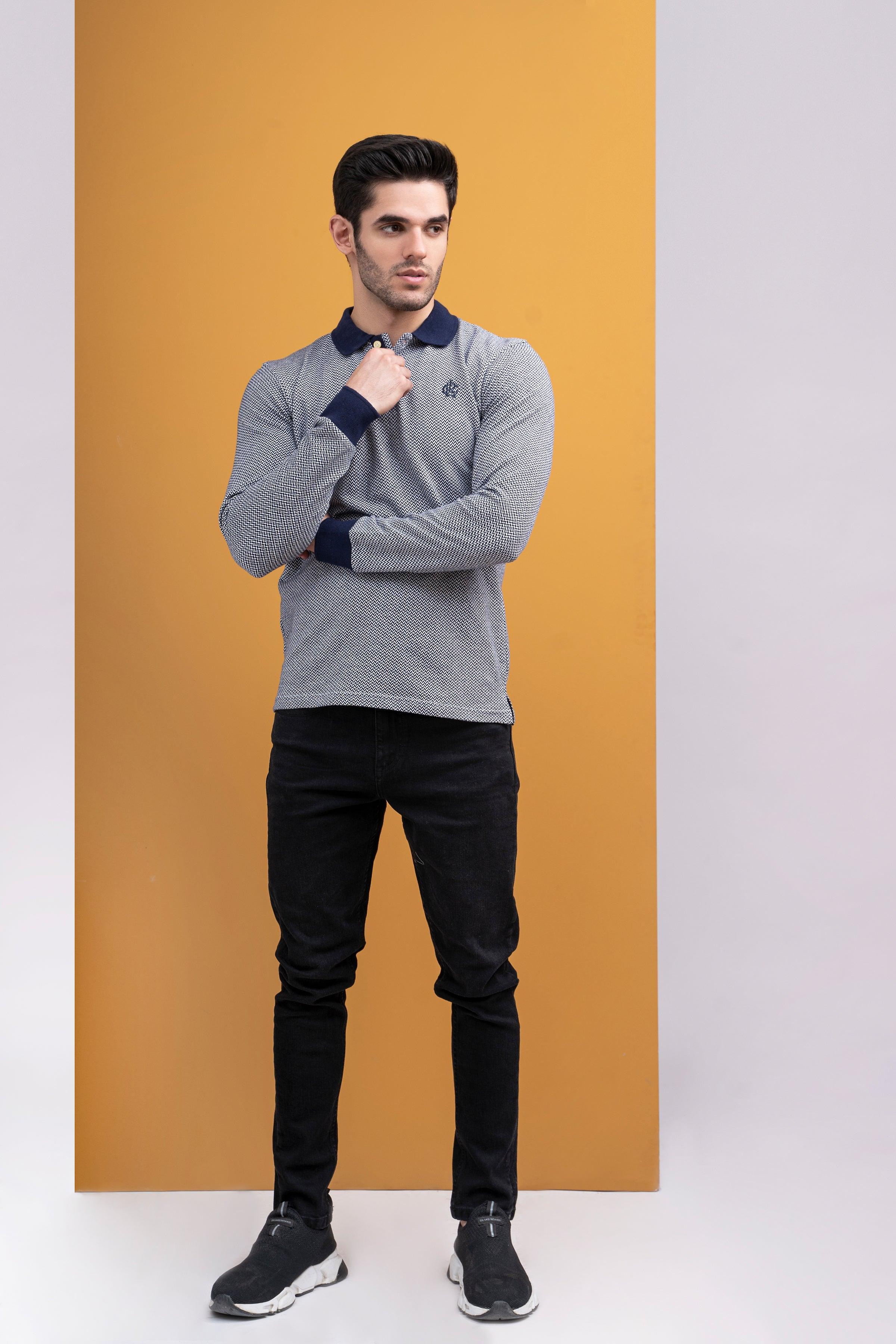 POLO SHIRT CONTRAST COLLAR RIB F/S NAVY
