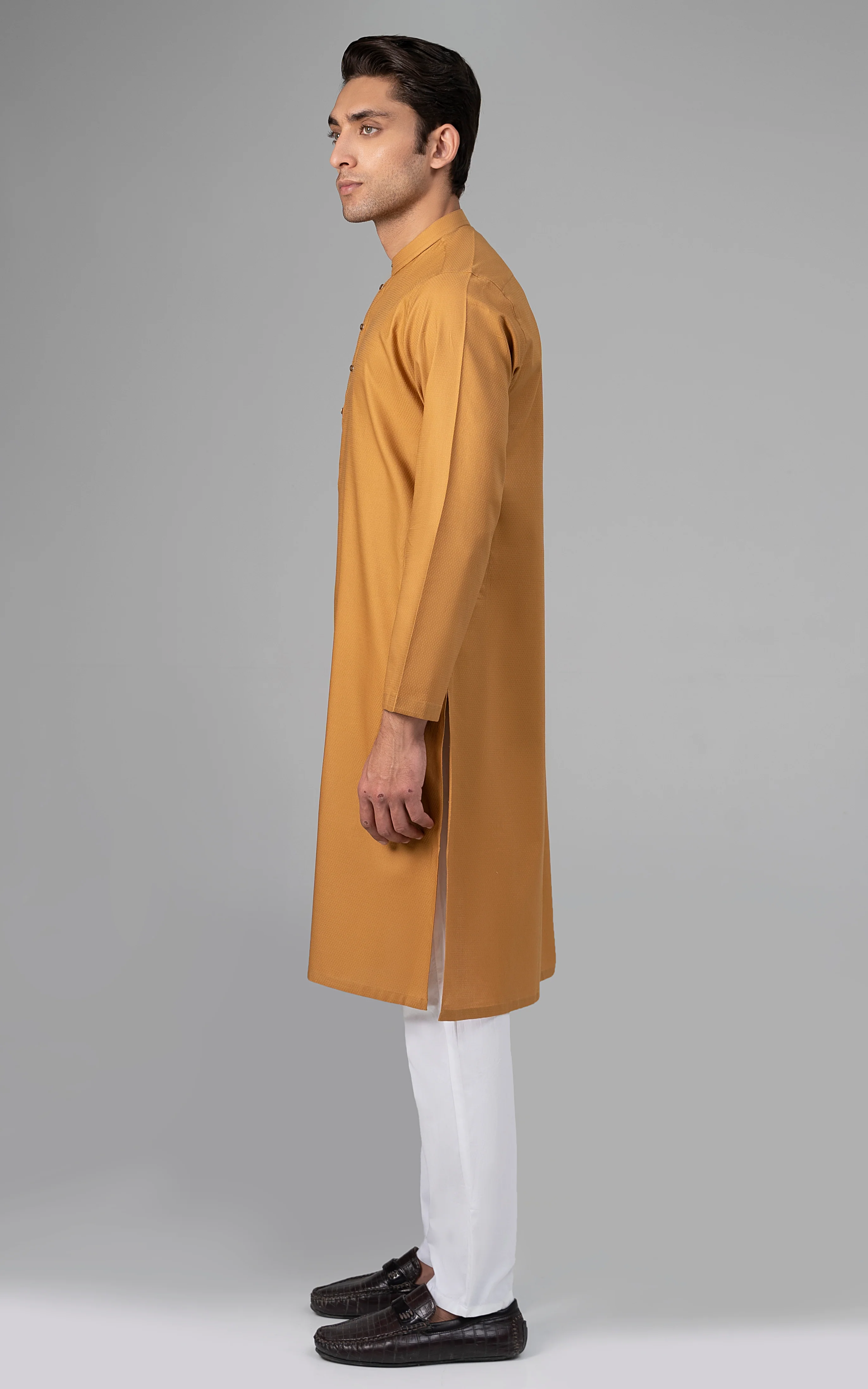 PREMIUM SELF DOBBY KURTA MUSTARD - Image 3