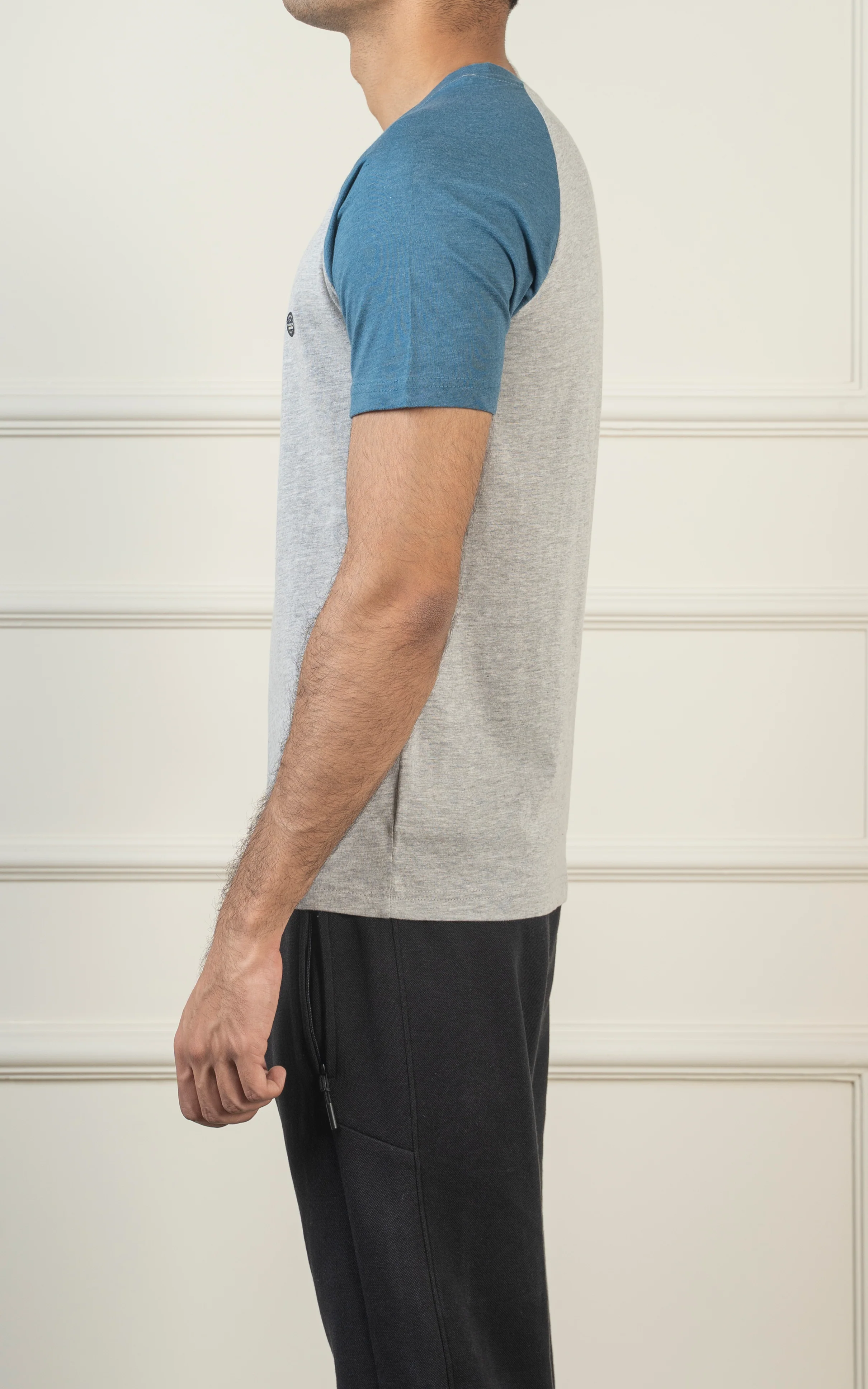 RAGLAN SLEEVE T SHIRT HEATHER GREY TEAL BLUE - Image 3