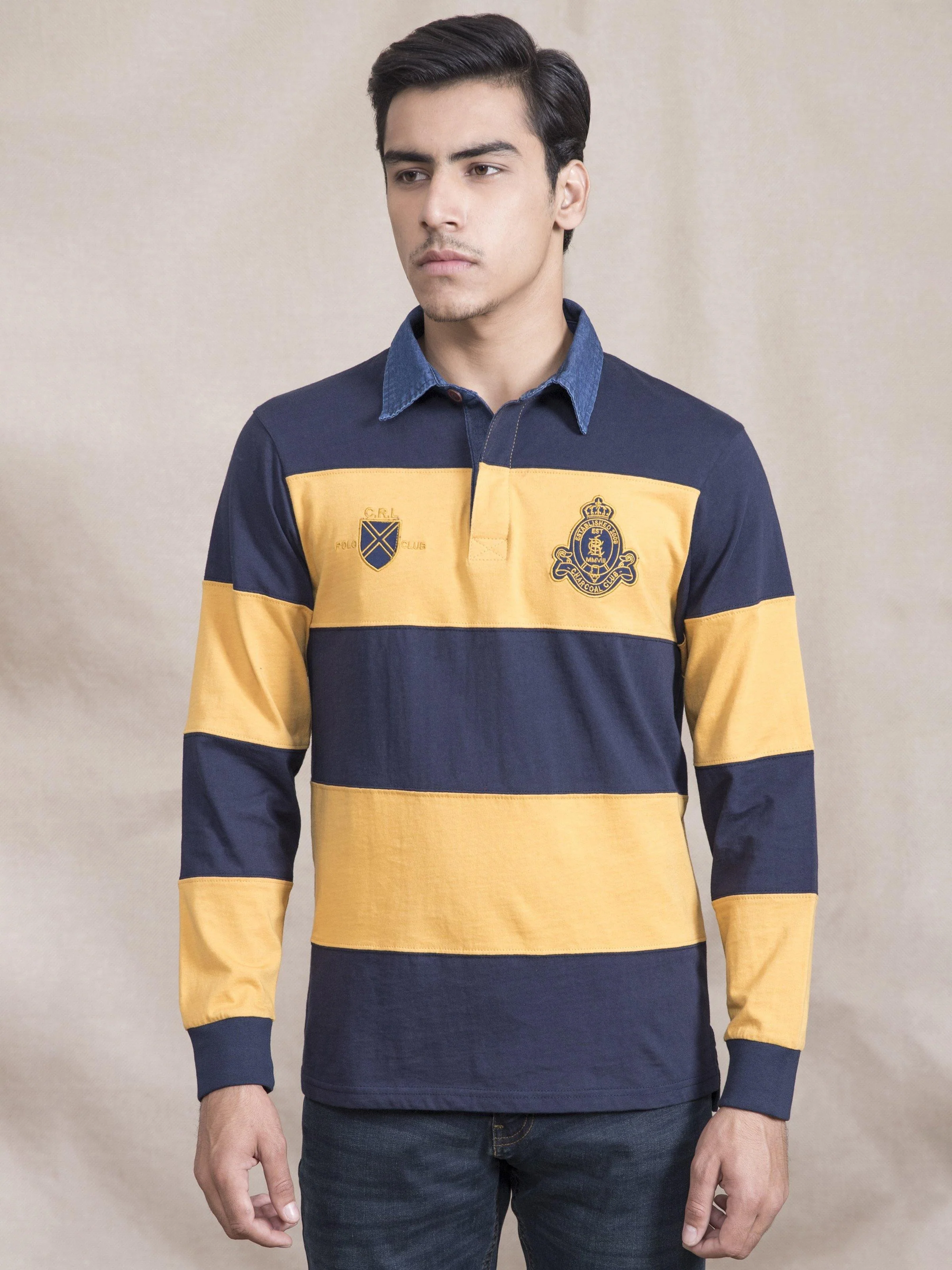 POLO SHIRT RUGBBY DENIM COLLAR MUSTARD NAVY