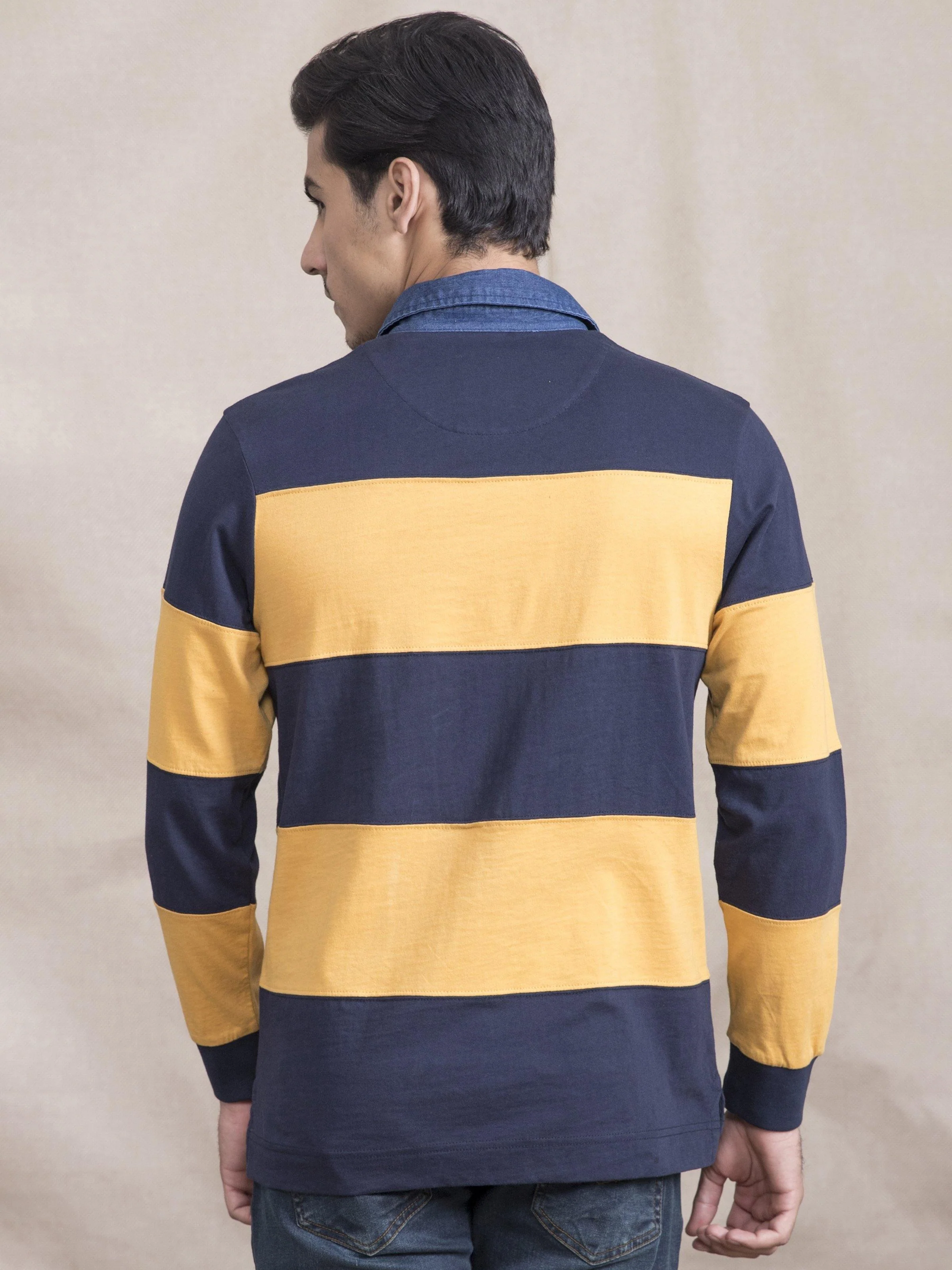 POLO SHIRT RUGBBY DENIM COLLAR MUSTARD NAVY - Image 2