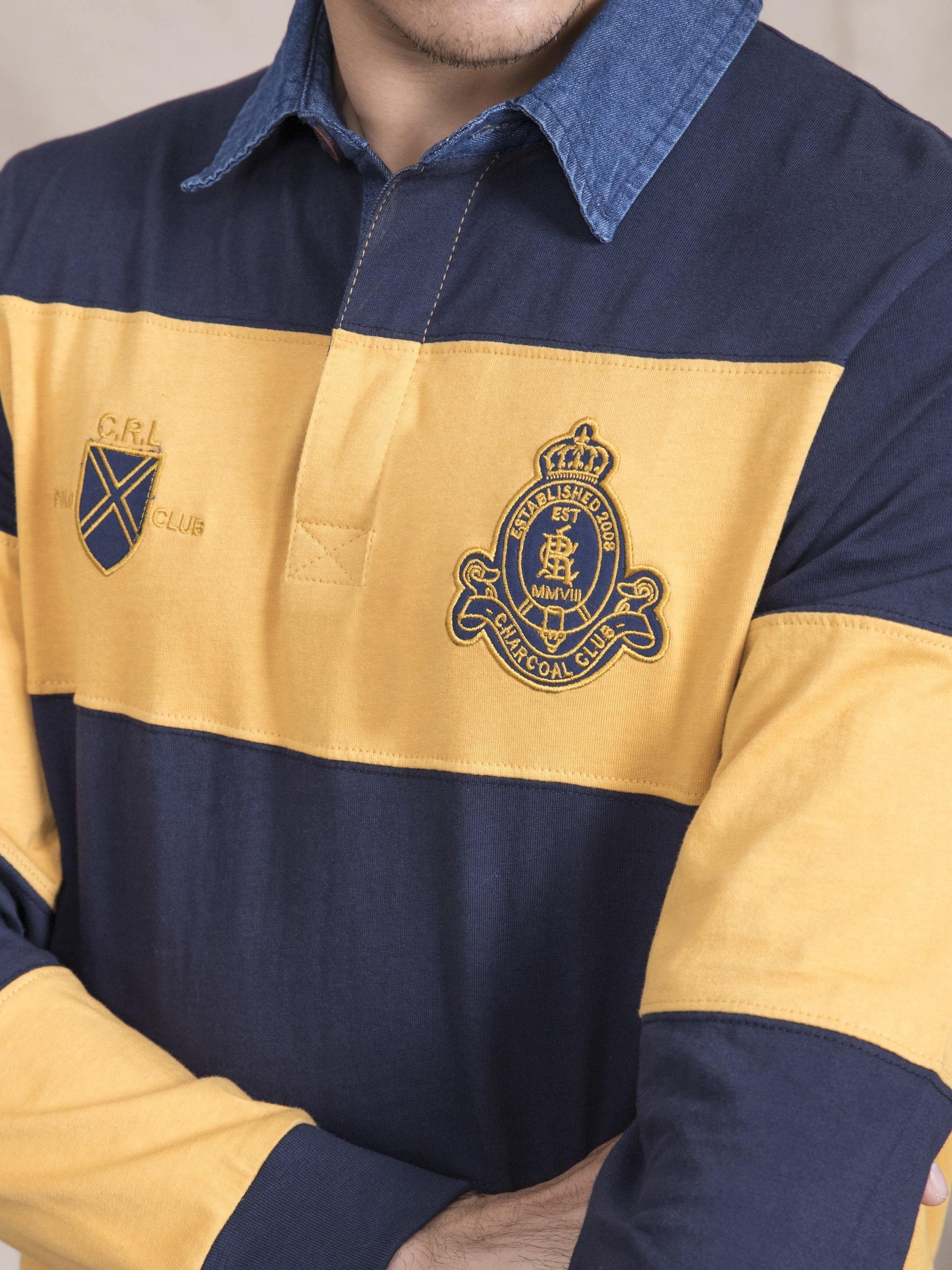 POLO SHIRT RUGBBY DENIM COLLAR MUSTARD NAVY - Image 3