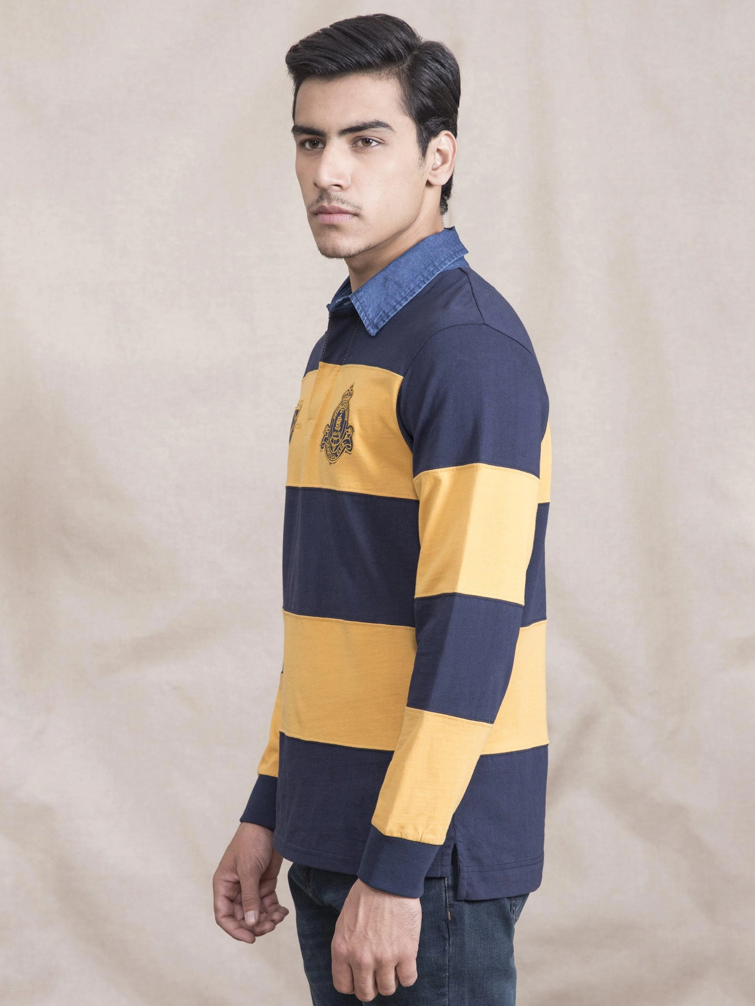POLO SHIRT RUGBBY DENIM COLLAR MUSTARD NAVY - Image 4