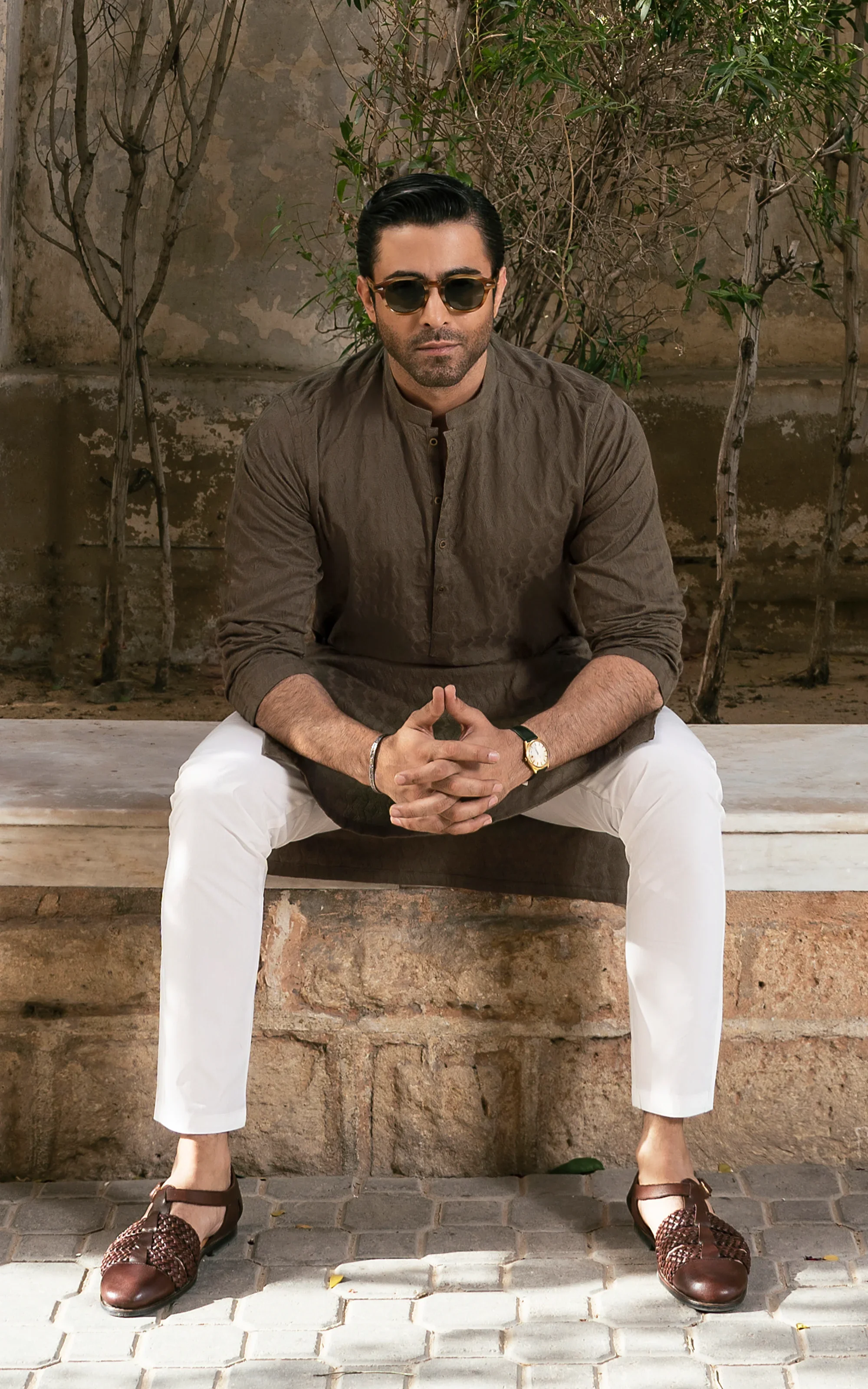 SCHIFFILI EMBROIDERED KURTA- SIGNATURE COLLECTION OLIVE - Image 4