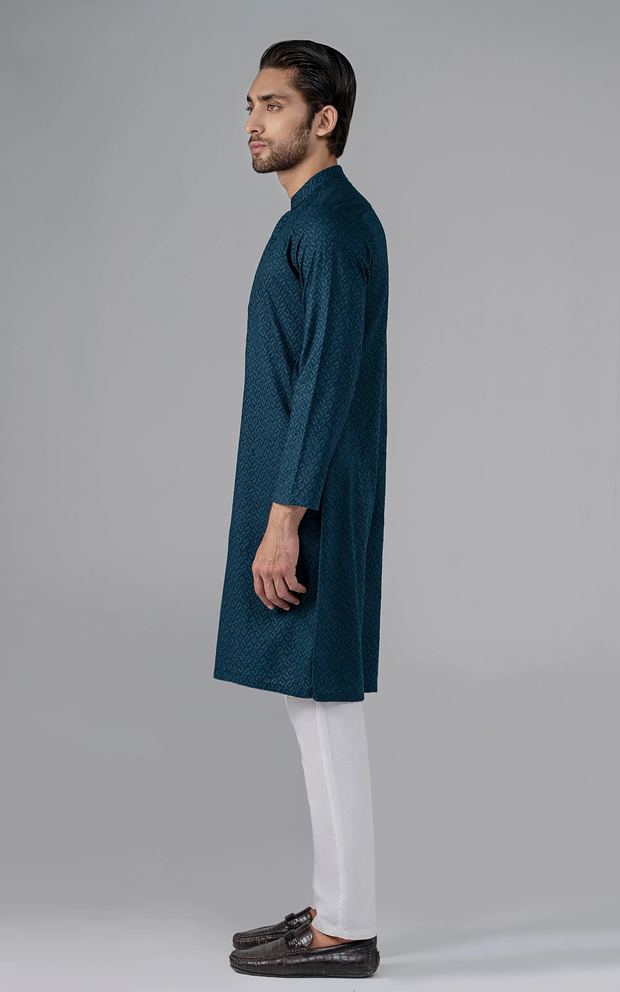 SCHIFFILI EMBROIDERED KURTA- SIGNATURE COLLECTION TEAL BLUE - Image 3
