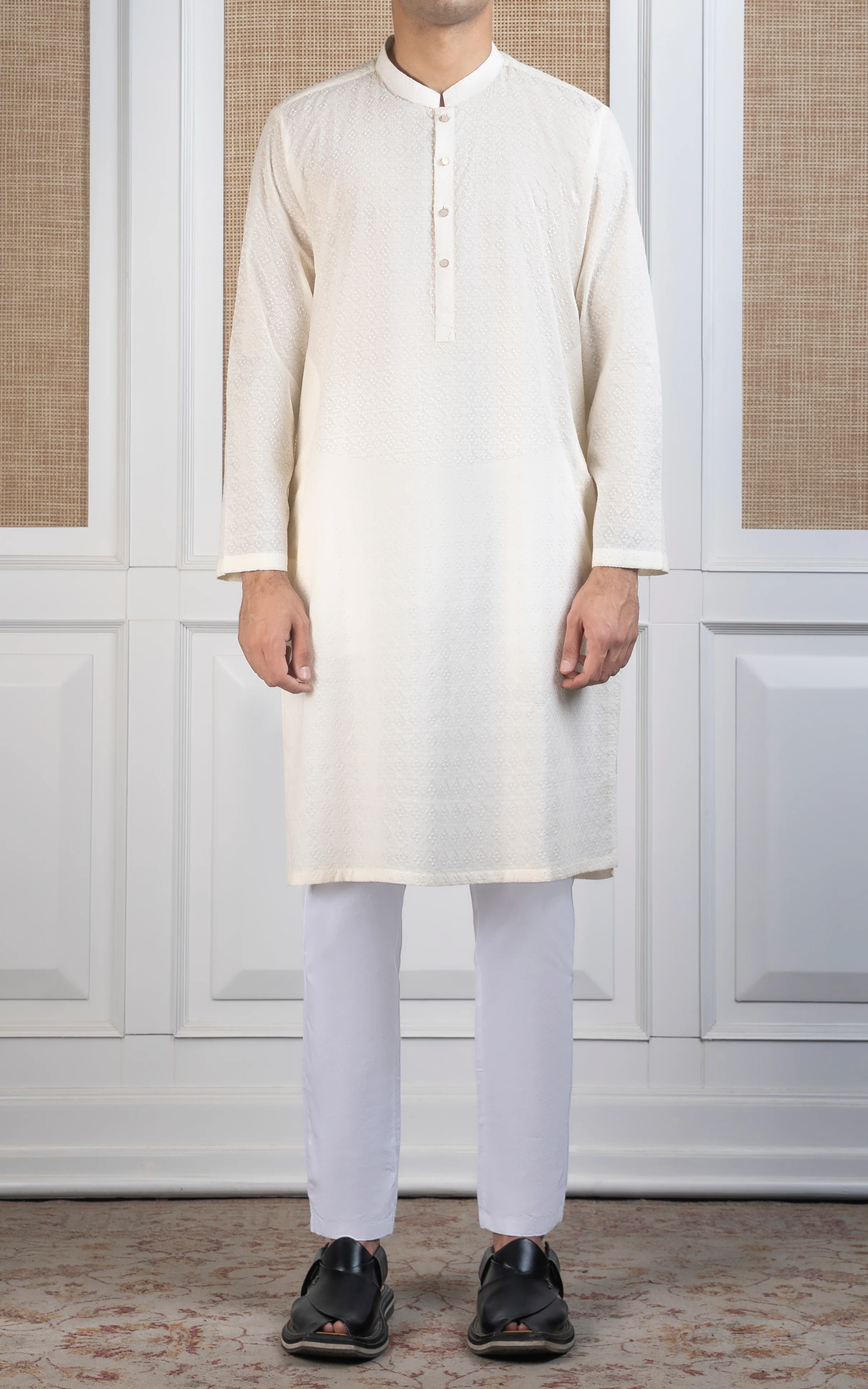 SCHIFFLI EMBROIDERED KURTA - SIGNATURE COLLECTION CREAM - Image 3