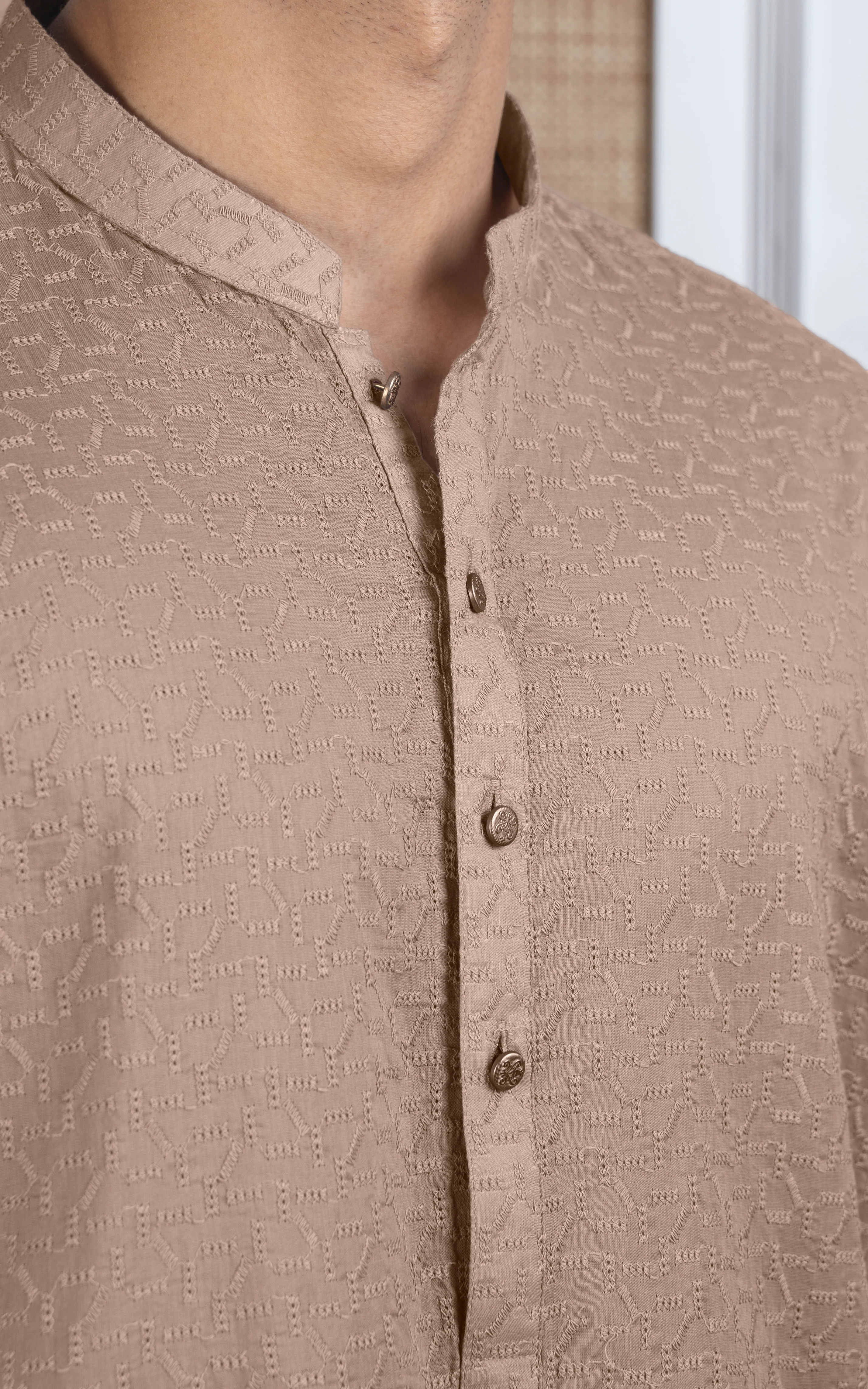 SCHIFFLI EMBROIDERED KURTA - SIGNATURE COLLECTION LIGHT KHAKI - Image 3