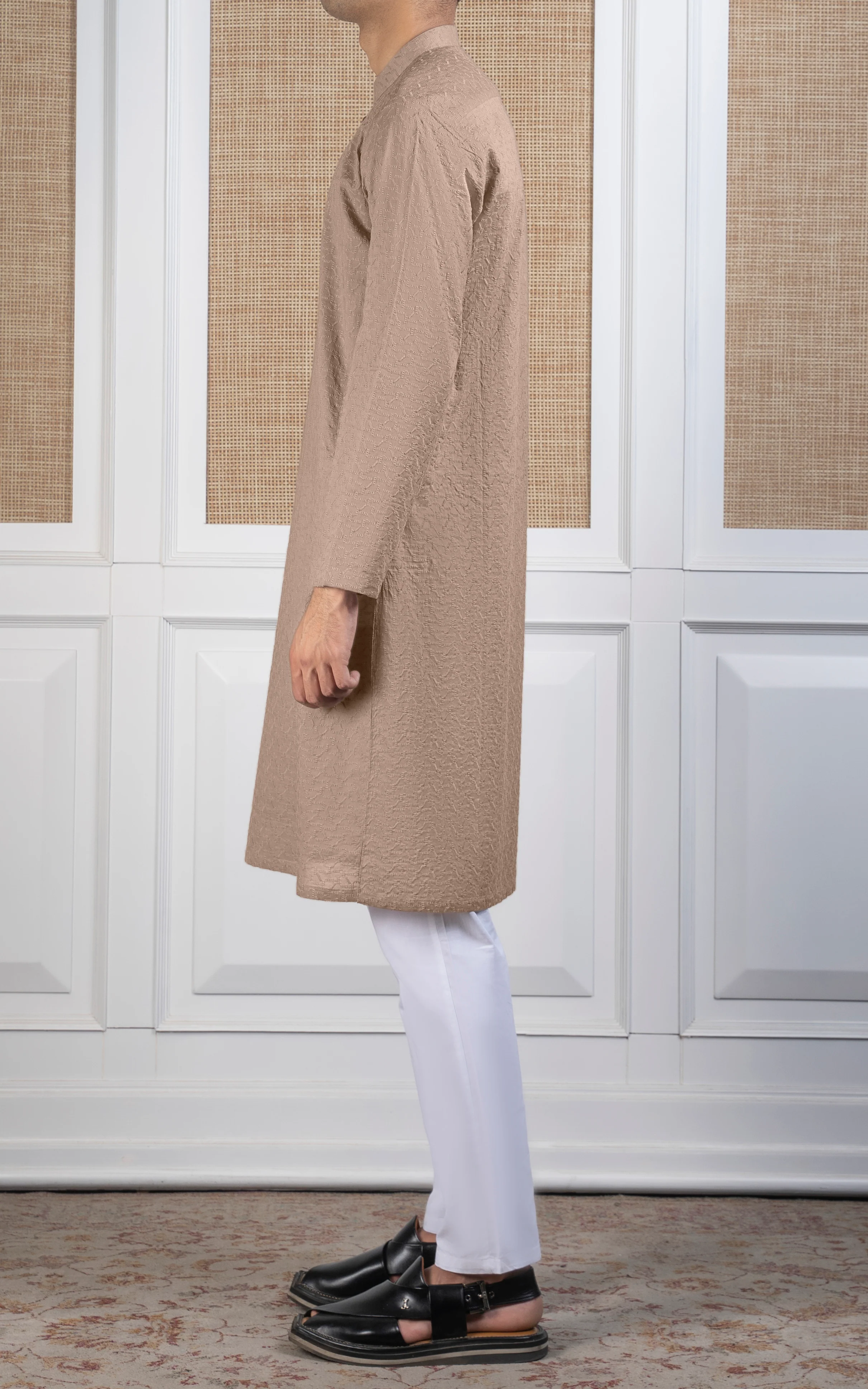 SCHIFFLI EMBROIDERED KURTA - SIGNATURE COLLECTION LIGHT KHAKI - Image 4