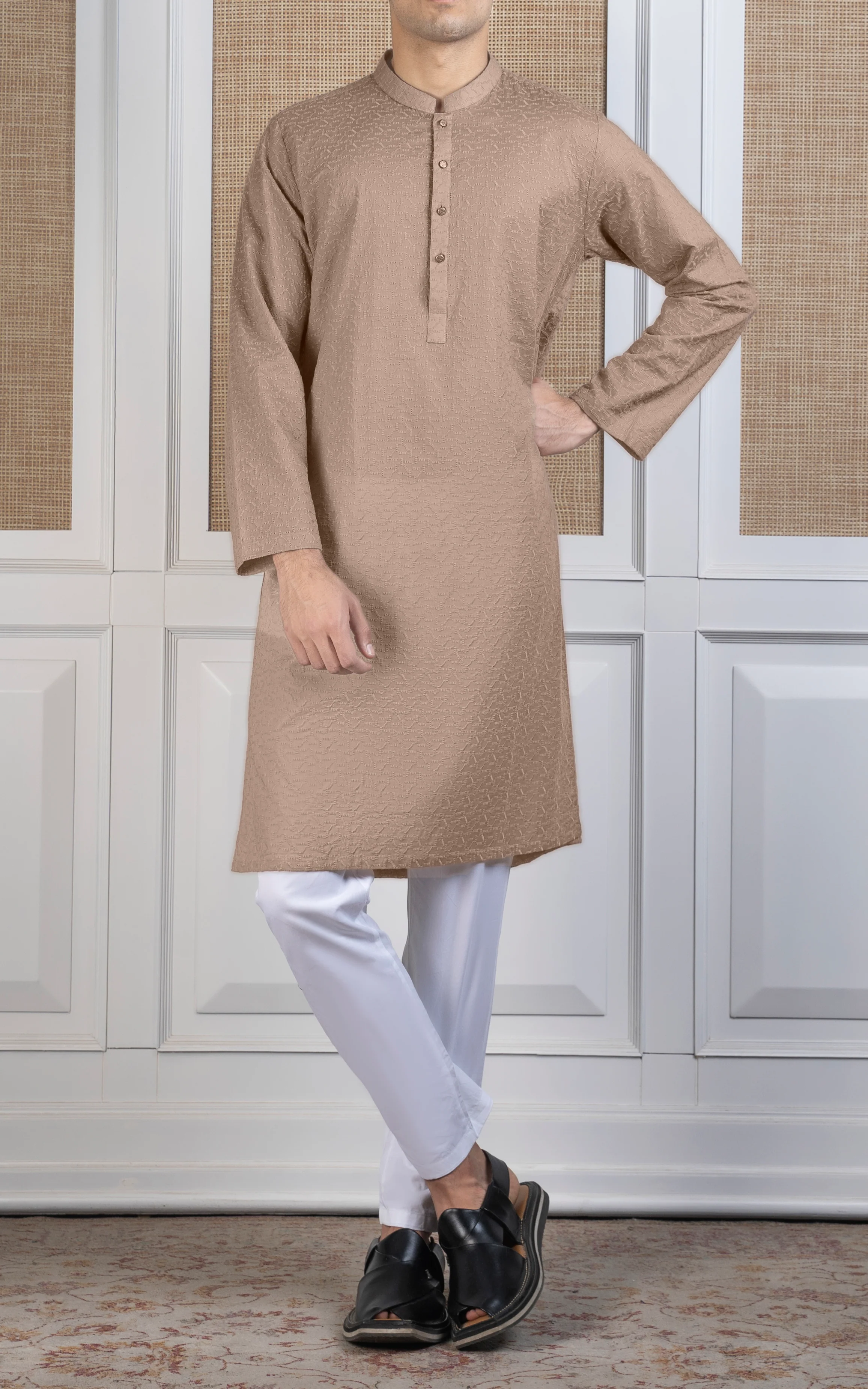 SCHIFFLI EMBROIDERED KURTA - SIGNATURE COLLECTION LIGHT KHAKI - Image 5