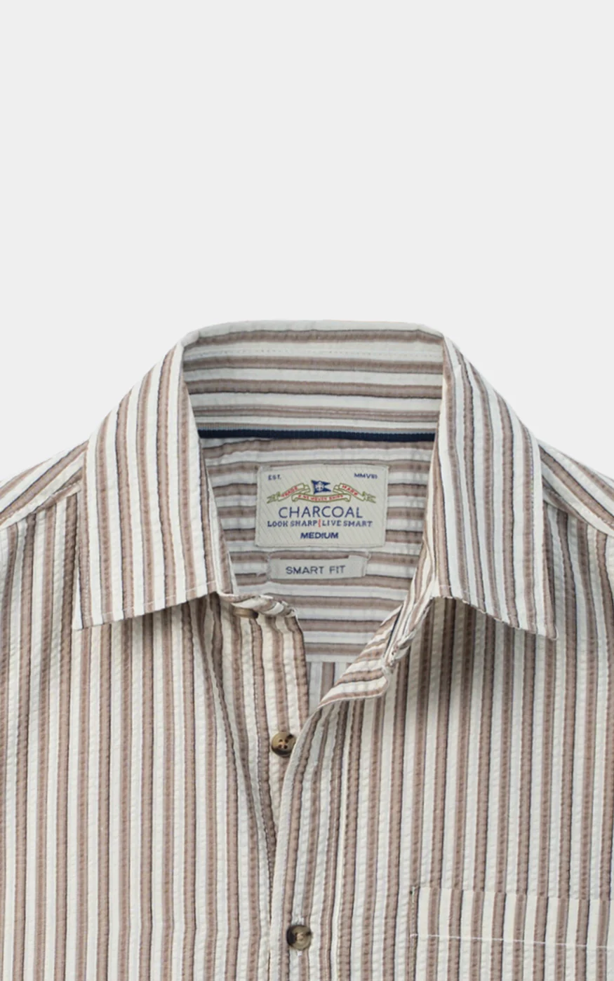 SEERSUCKER STRIPED CASUAL SHIRT KHAKI WHITE - Image 2