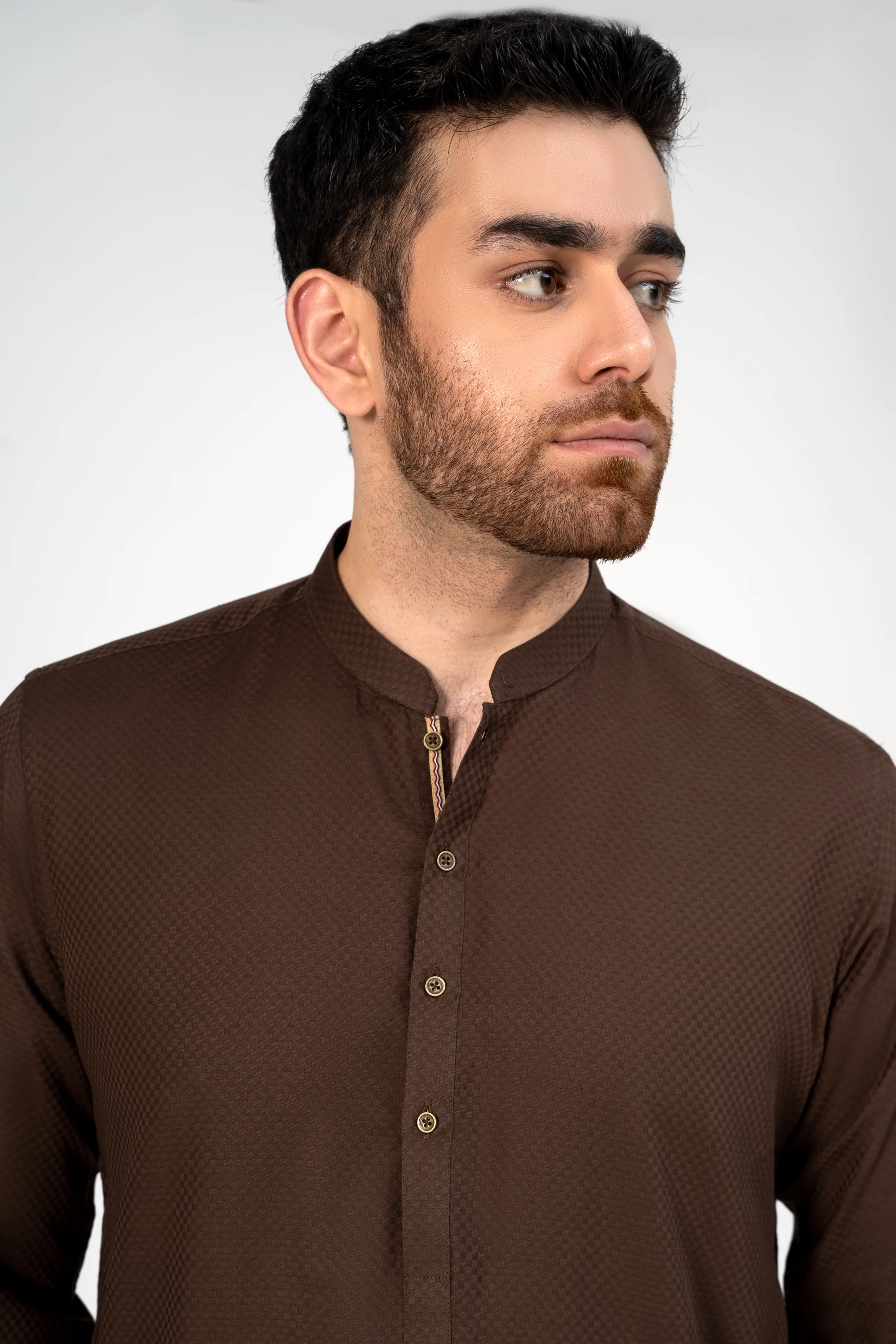 SELF DOBBY KURTA DARK BROWN - Image 2