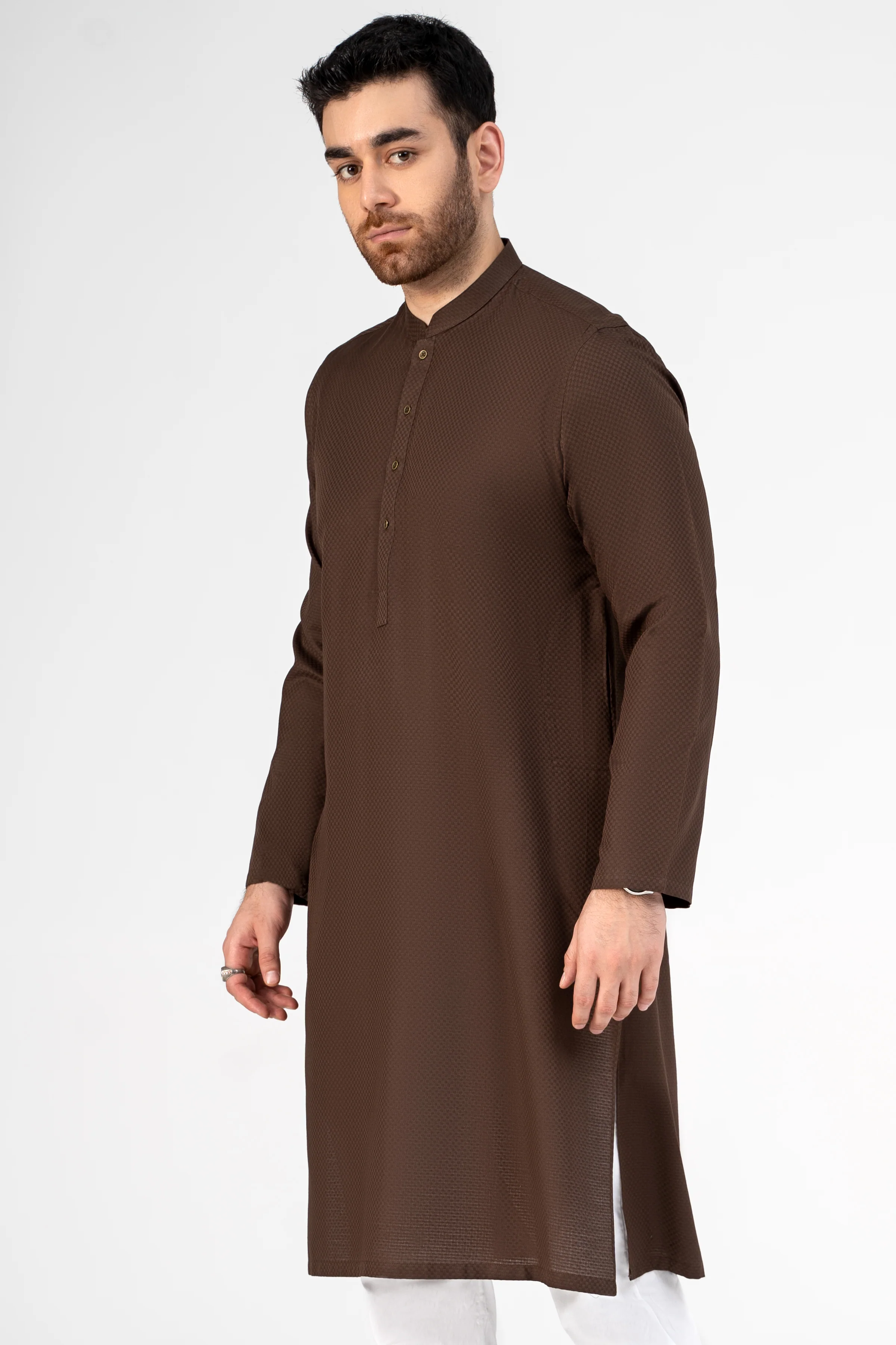 SELF DOBBY KURTA DARK BROWN - Image 3