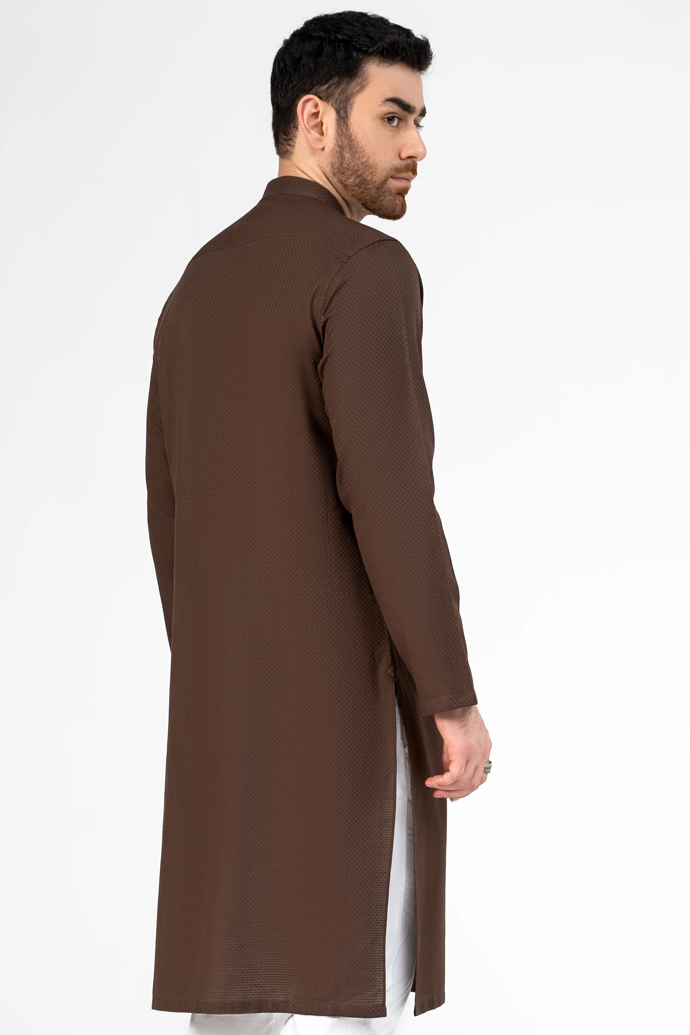 SELF DOBBY KURTA DARK BROWN - Image 4