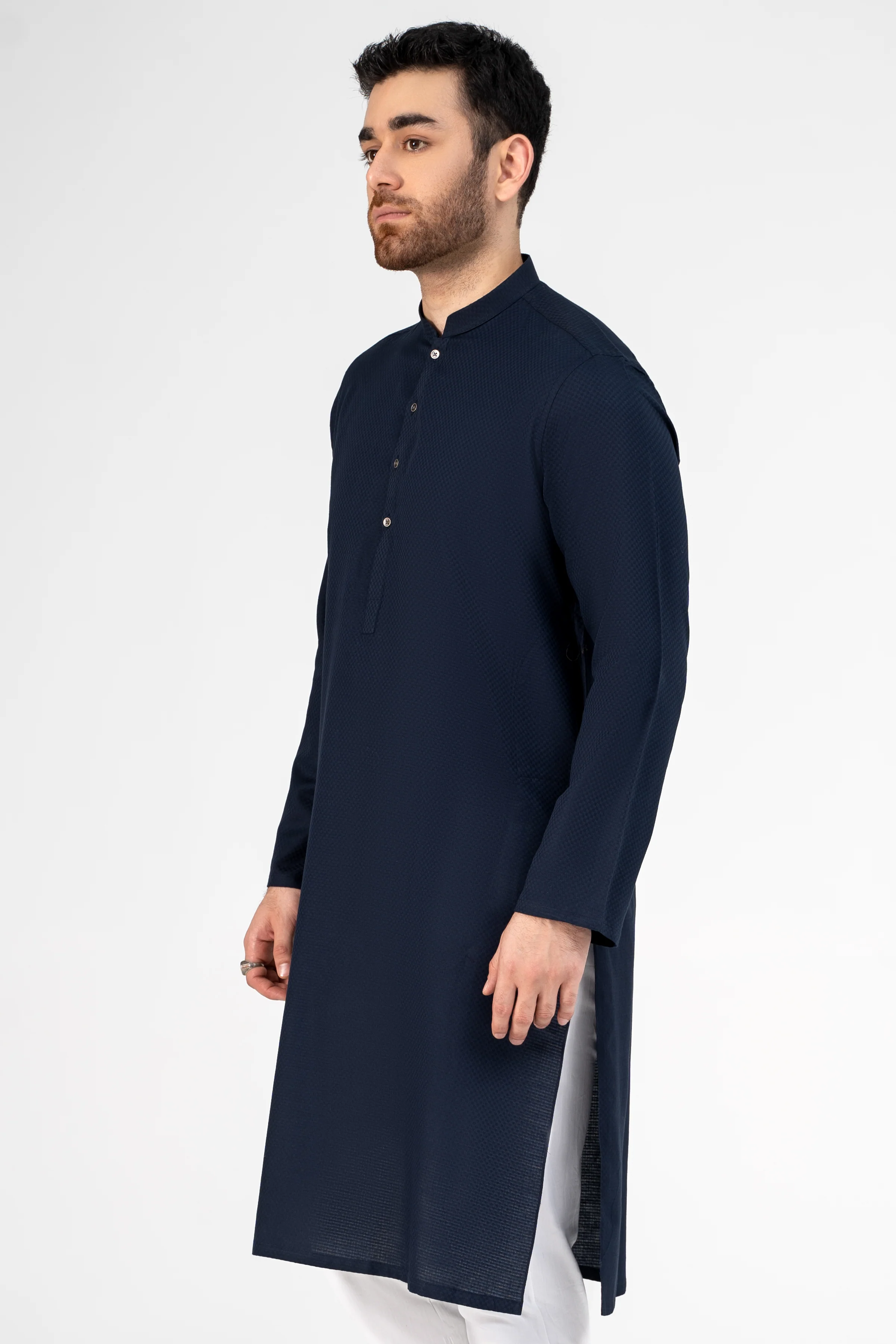 SELF DOBBY KURTA NAVY - Image 3