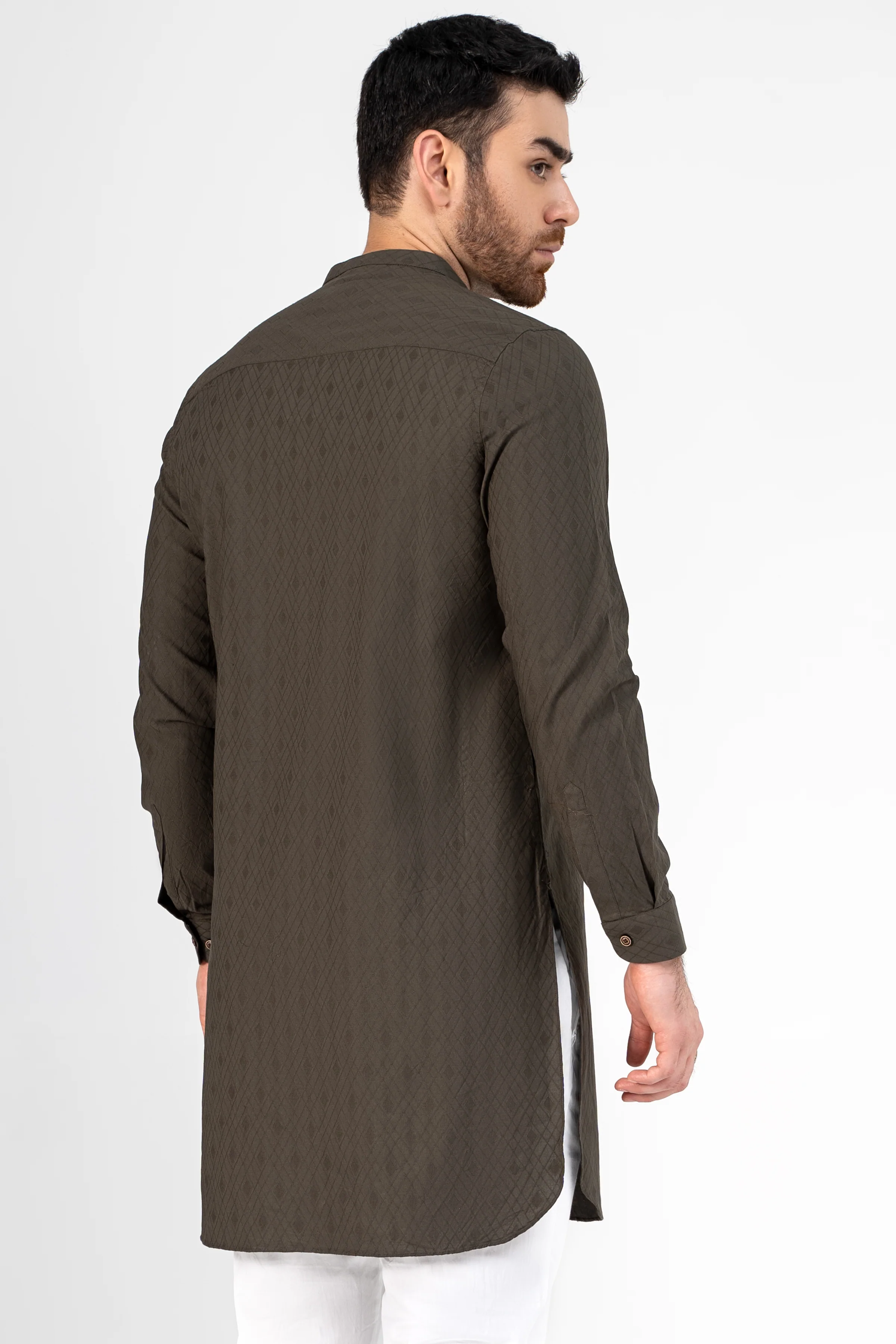SELF JACQUARD KURTA OLIVE - Image 3