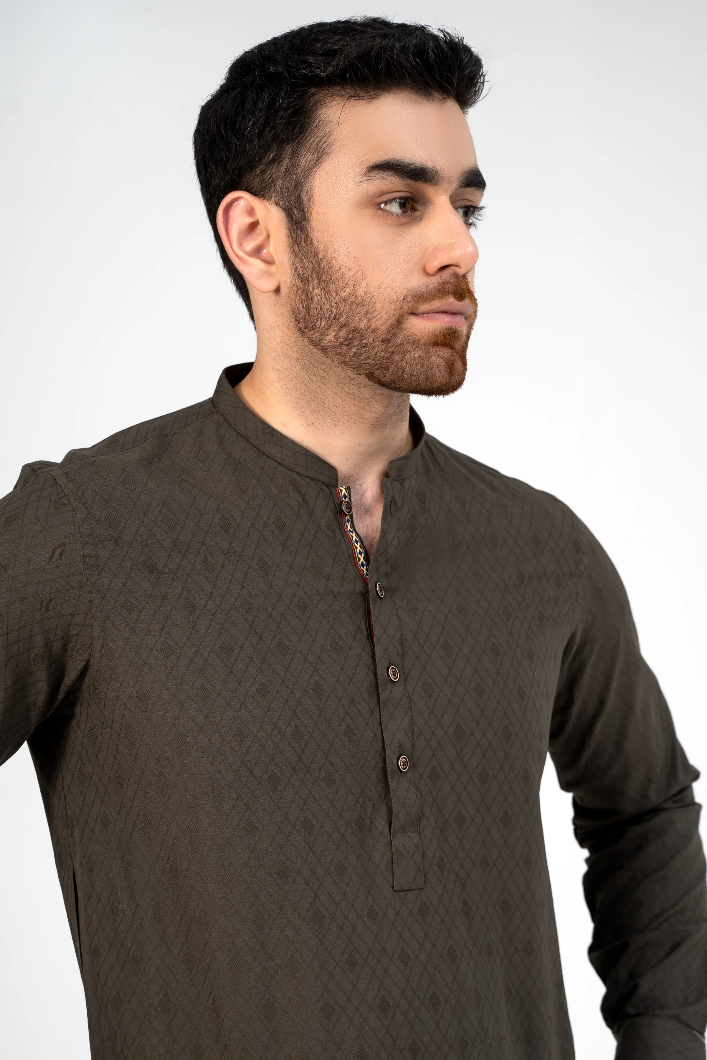 SELF JACQUARD KURTA OLIVE - Image 4