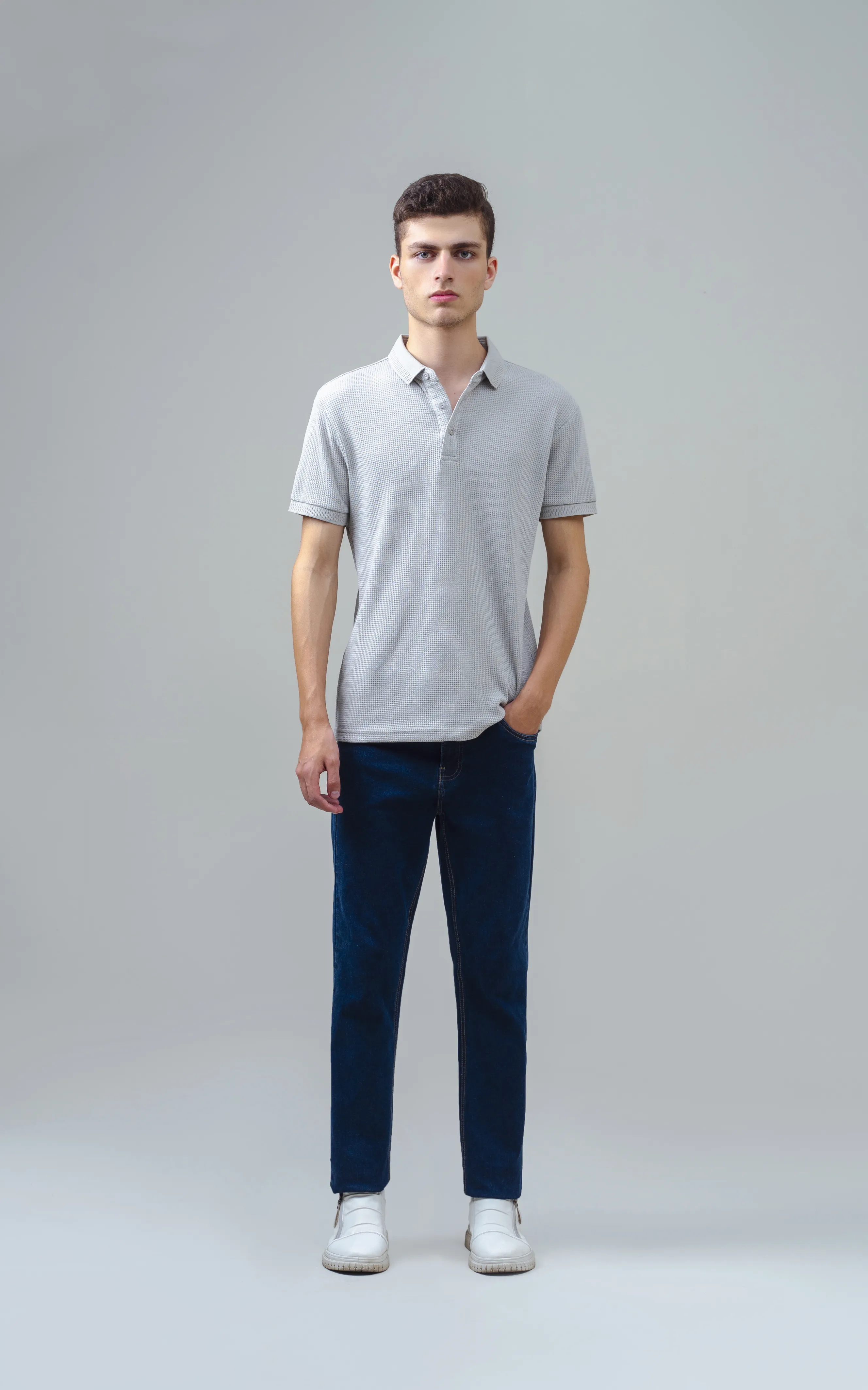 SELF JACQUARD POLO LIGHT GREY