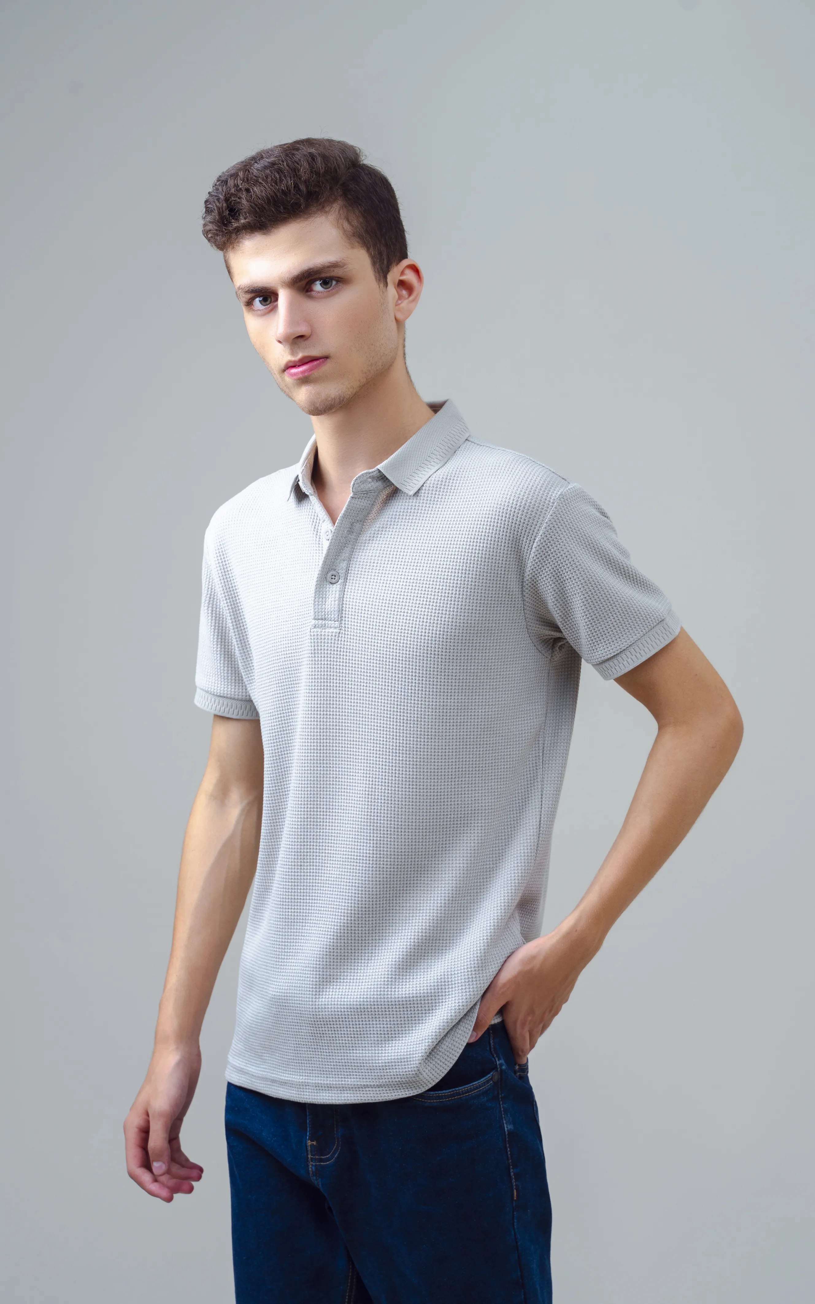 SELF JACQUARD POLO LIGHT GREY - Image 3