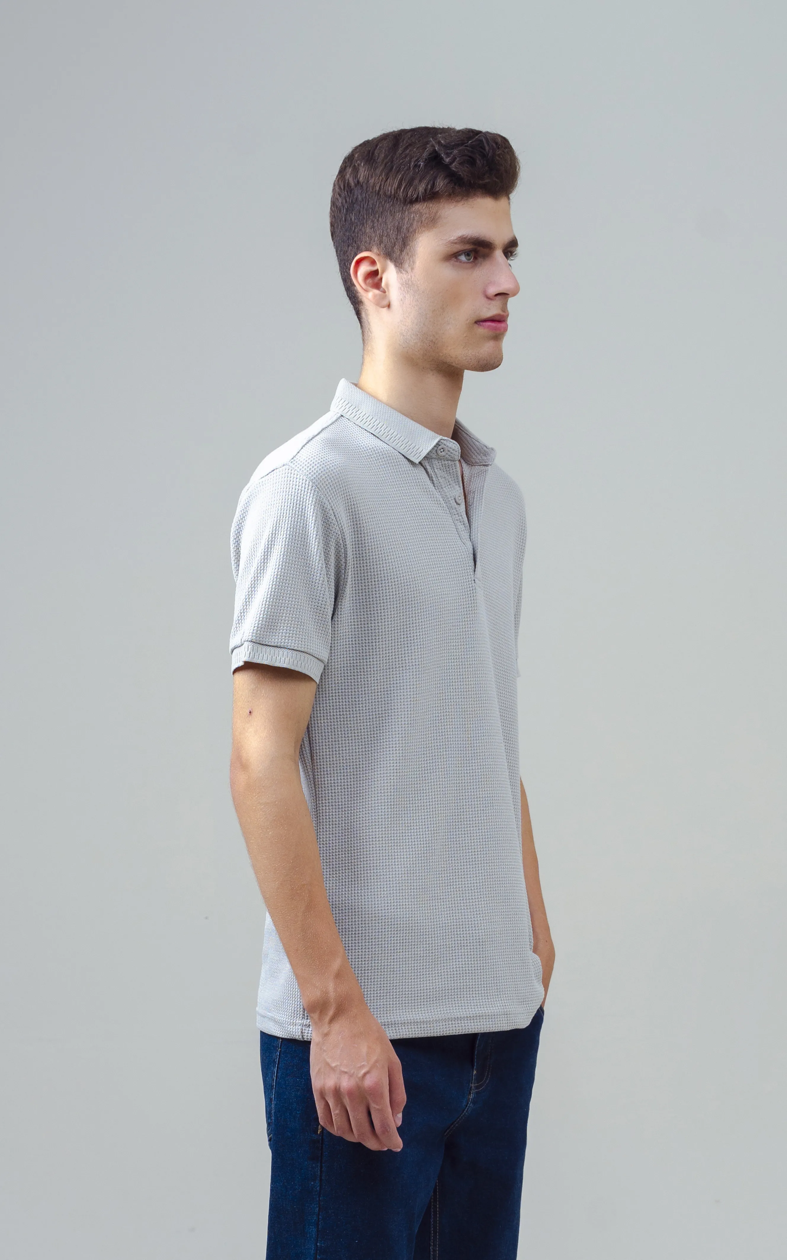 SELF JACQUARD POLO LIGHT GREY - Image 4