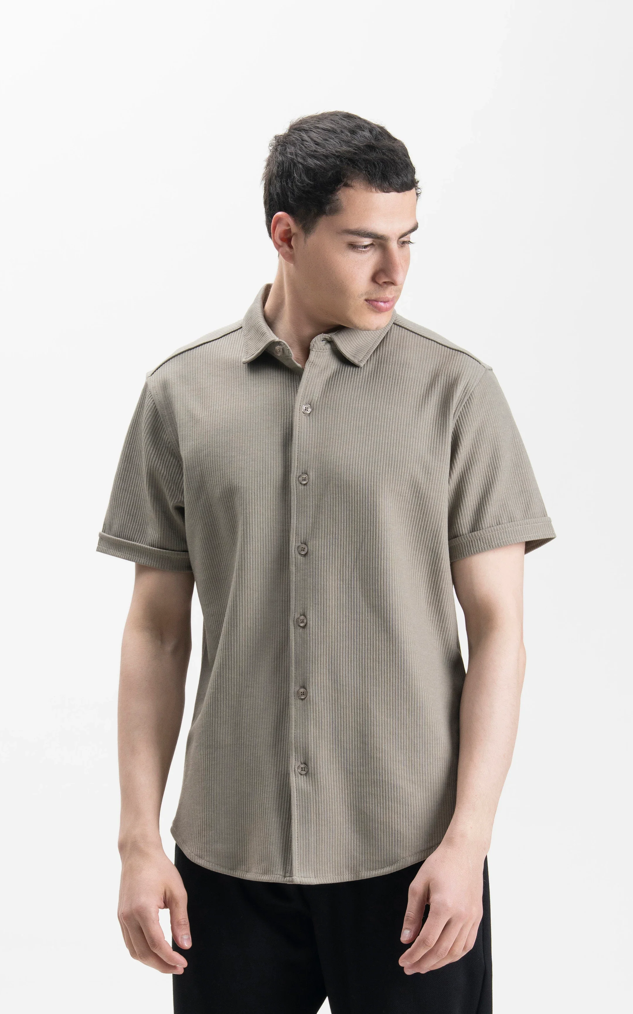 SELF JACQUARD STRIPED CASUAL SHIRT LIGHT OLIVE - Image 3