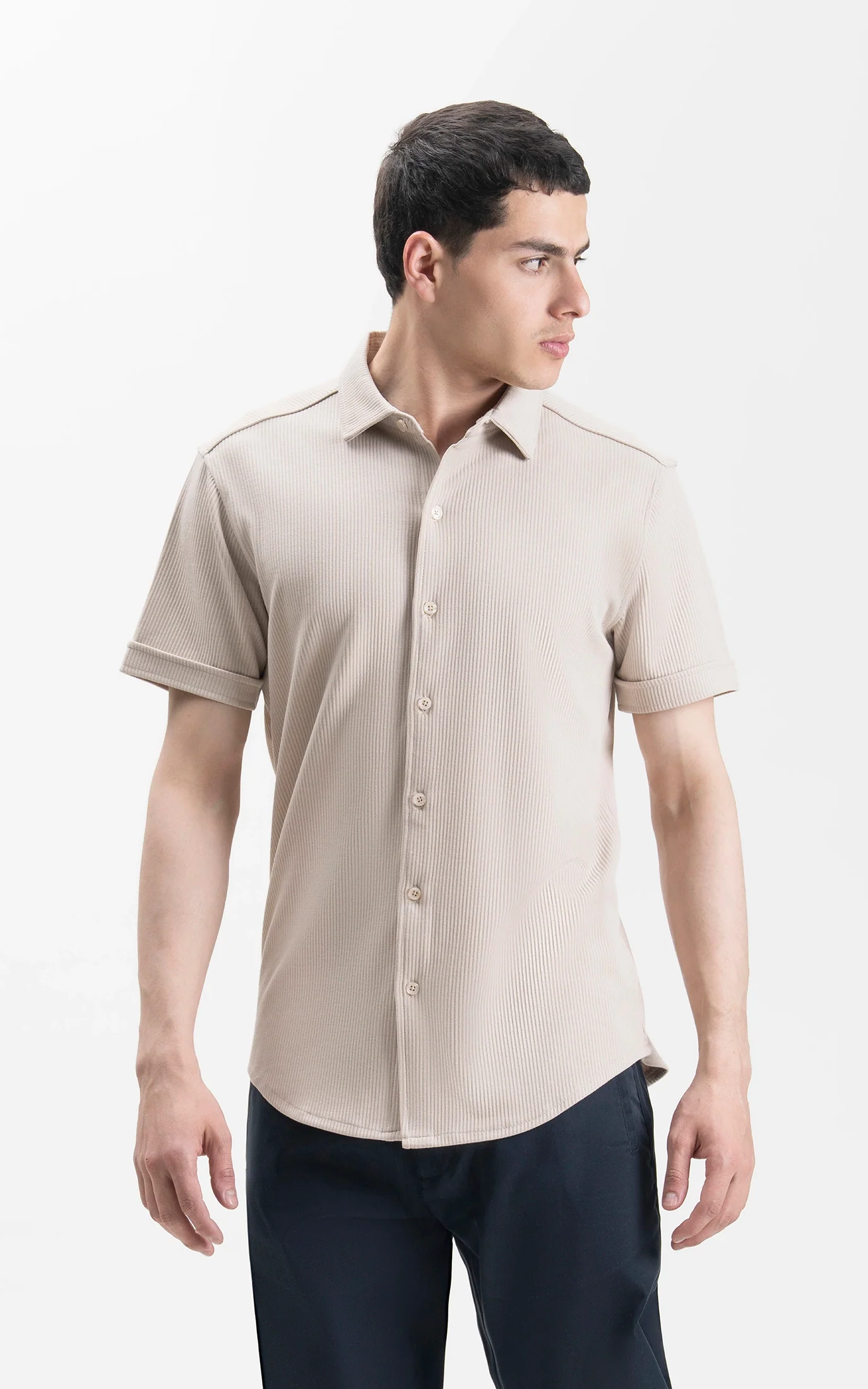 SELF JACQUARD STRIPED CASUAL SHIRT BEIGE - Image 3