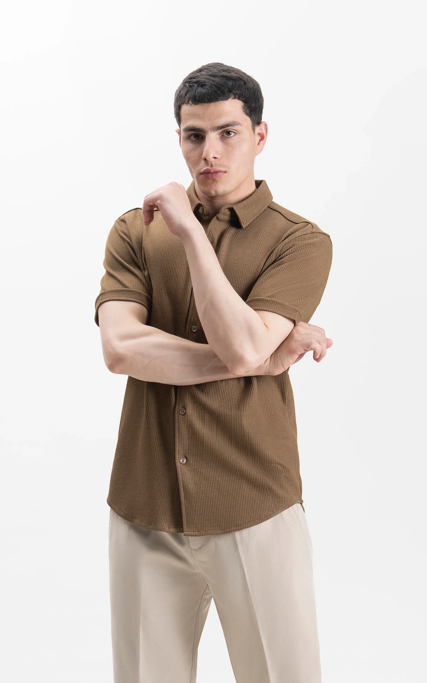 SELF JACQUARD STRIPED SMART FIT SHIRT BROWN - Image 3