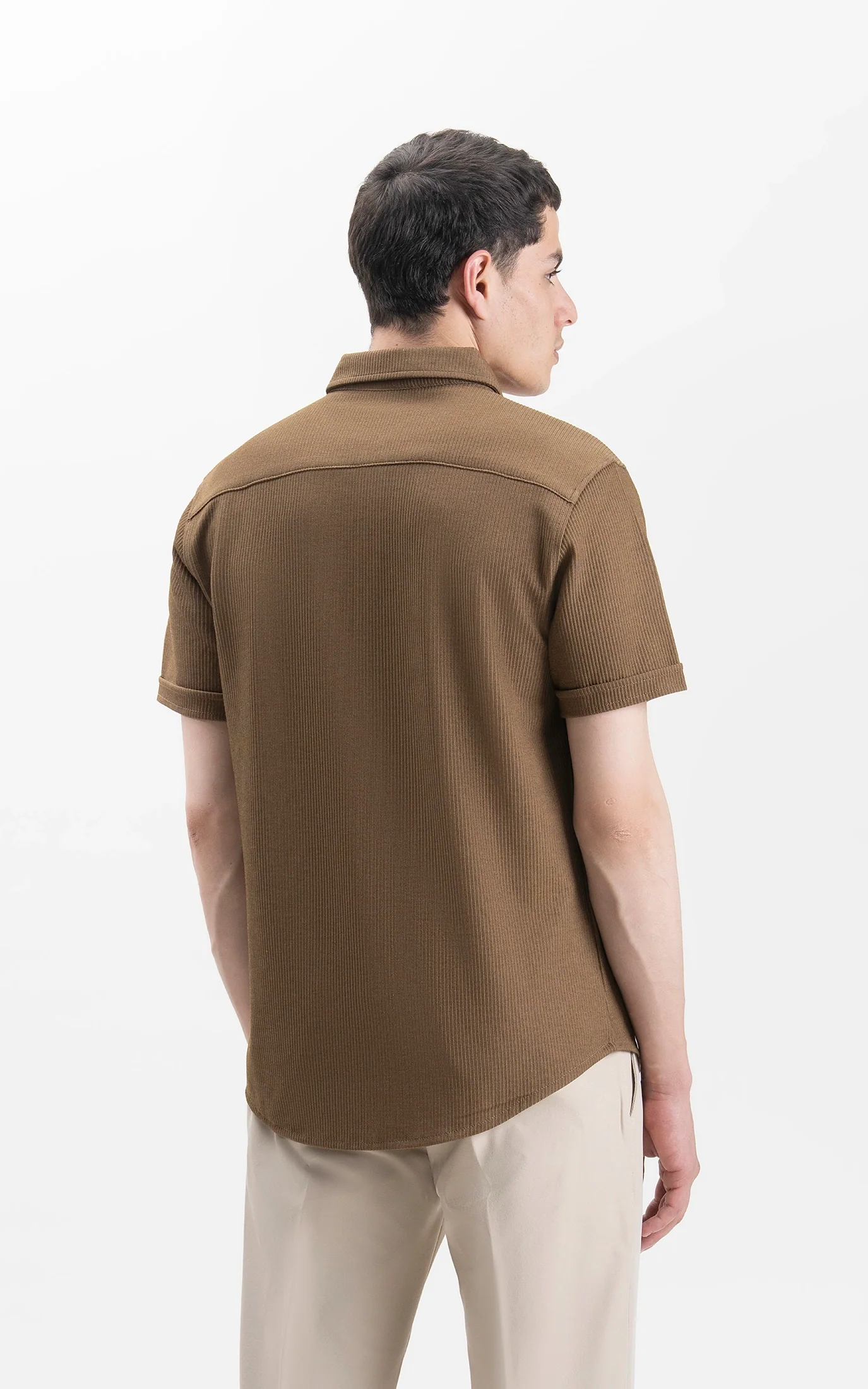 SELF JACQUARD STRIPED SMART FIT SHIRT BROWN - Image 5
