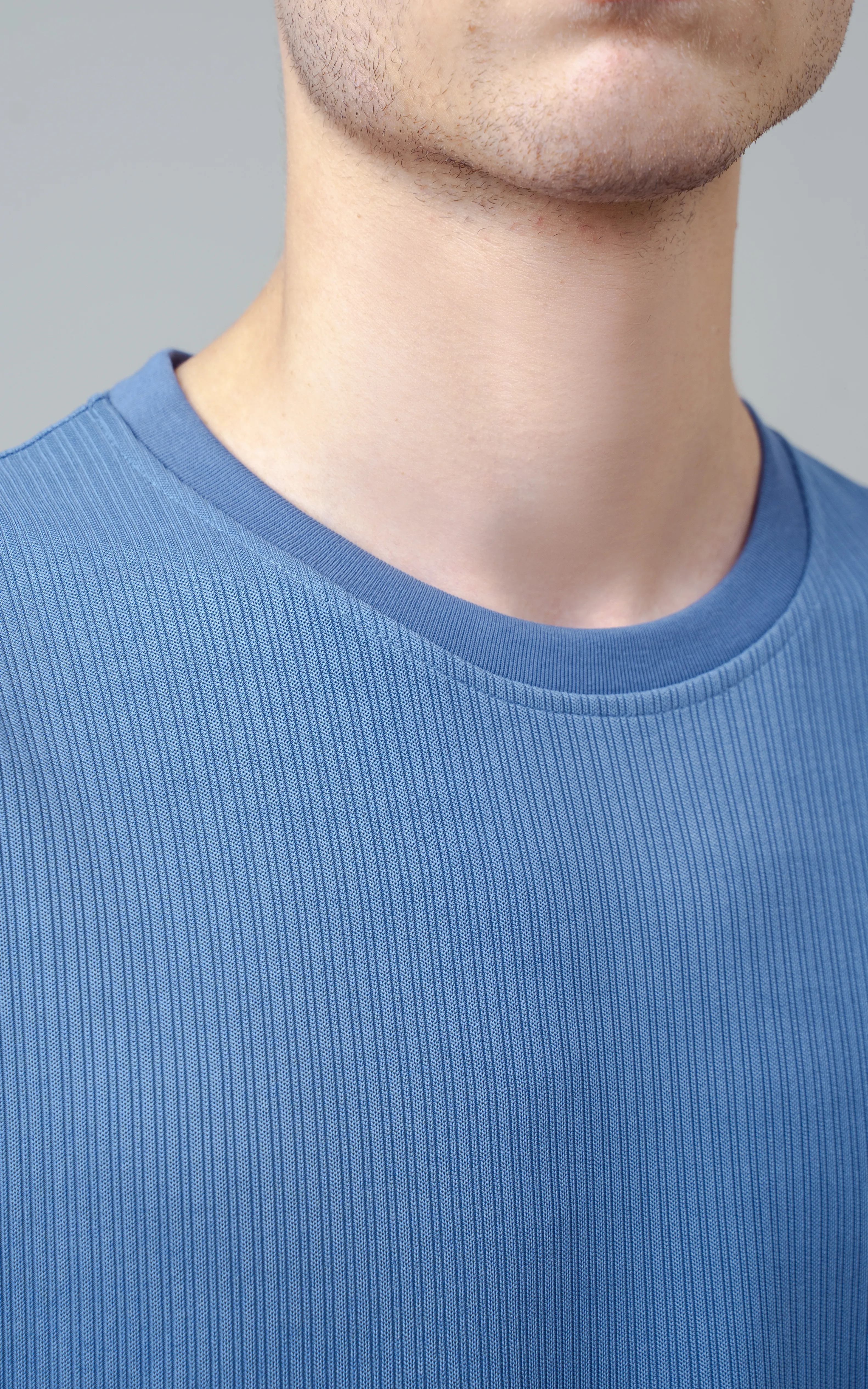 SELF STRIPED CREW NECK T SHIRT BLUE - Image 2