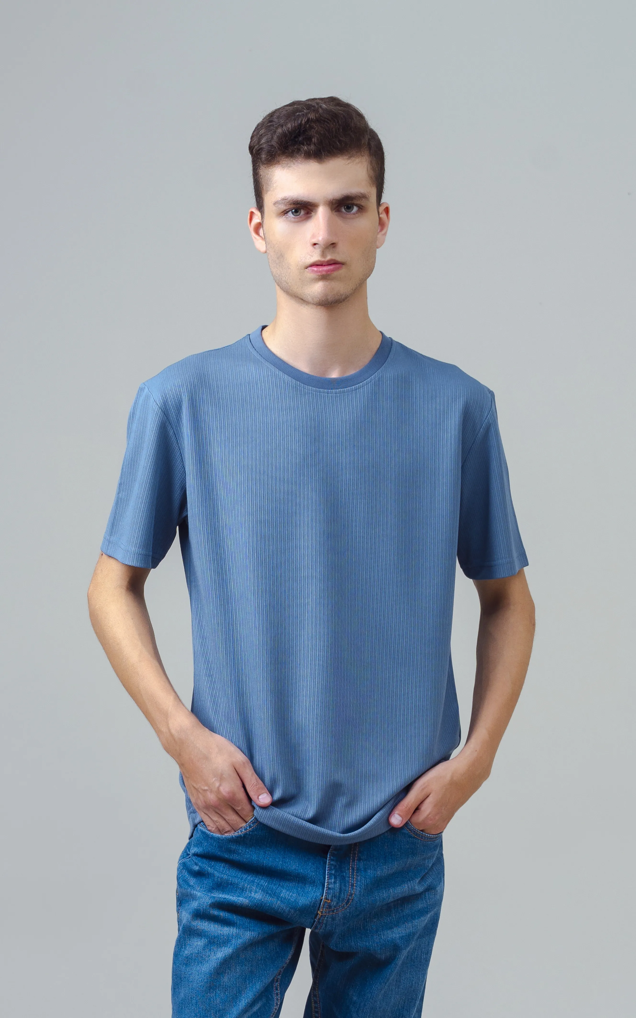 SELF STRIPED CREW NECK T SHIRT BLUE - Image 3