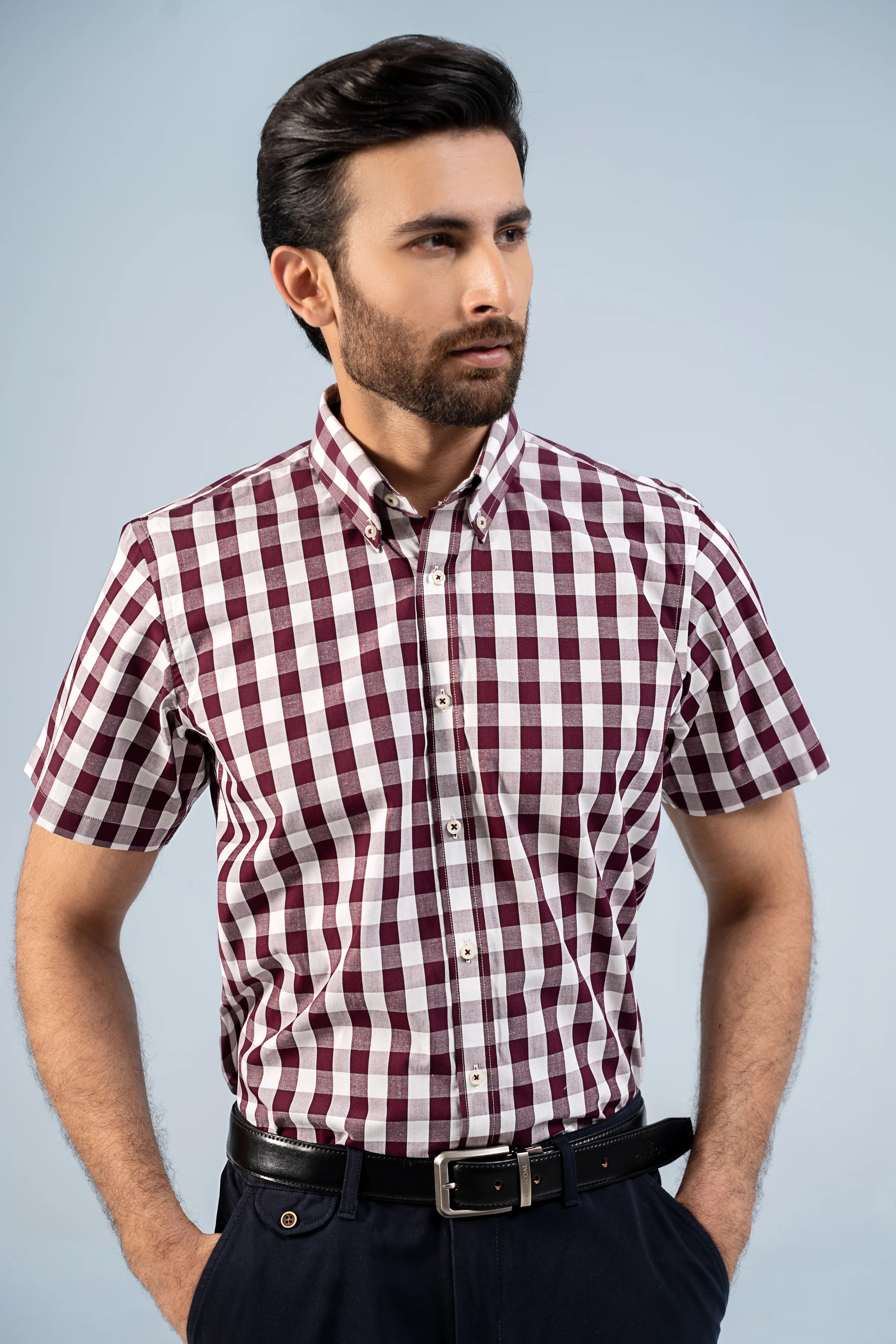 SEMI FORMAL HALF SLEEVE MAROON WHITE CHECK - Image 2