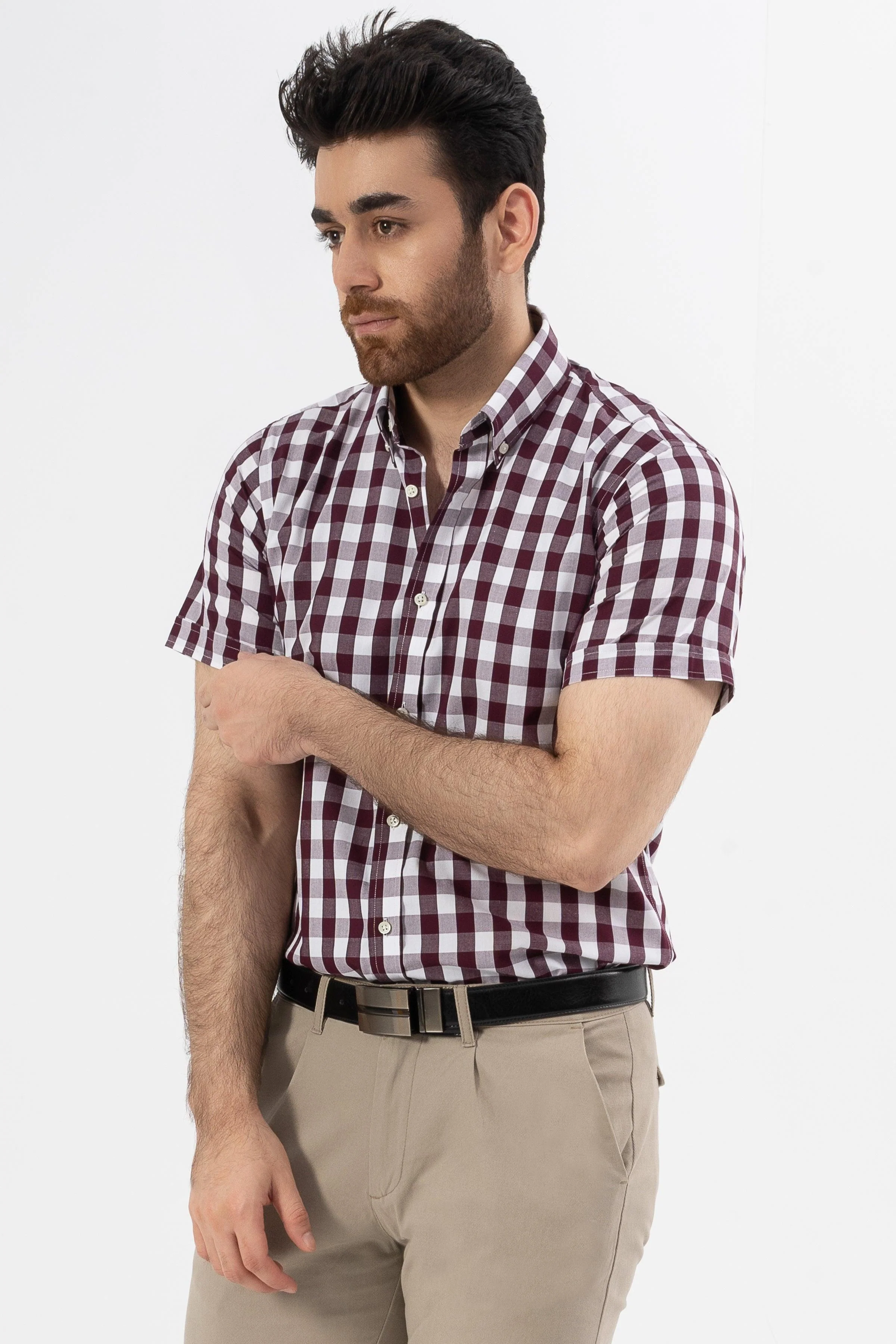 SEMI FORMAL HALF SLEEVES SHIRT MAROON CHECK - Image 2