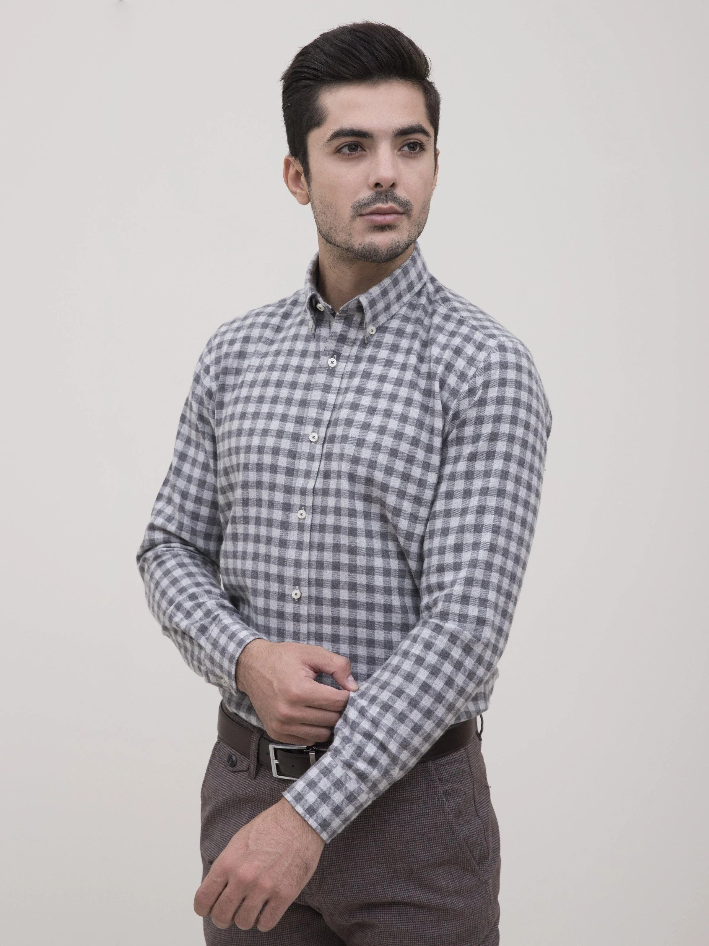 SEMI FORMAL SHIRT FULL SLEEVE BOTTON DOWN GREY CHECK
