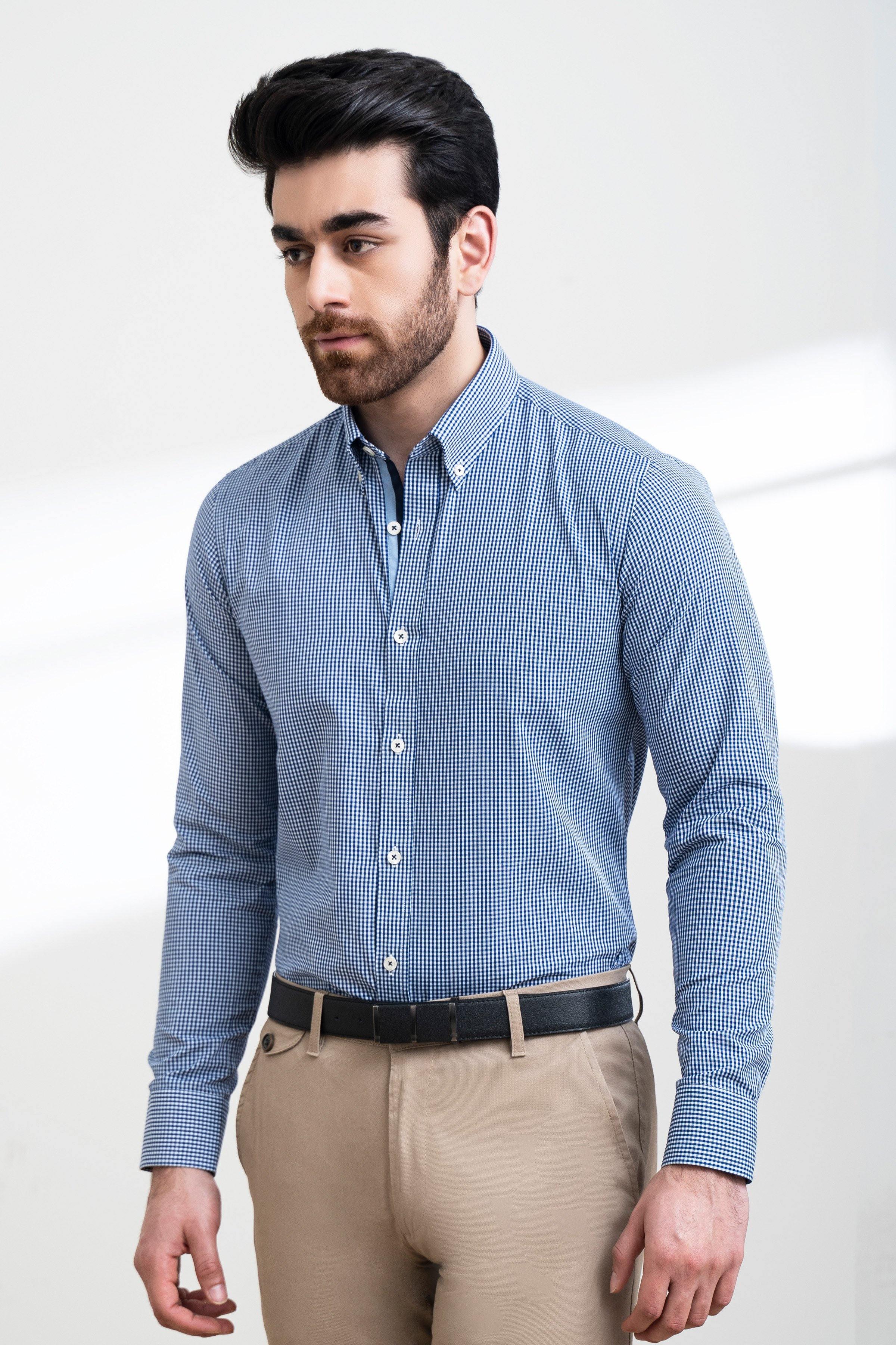 SEMI FORMAL SHIRT FULL SLEEVE BUTTON DOWN BLUE WHITE CHECK