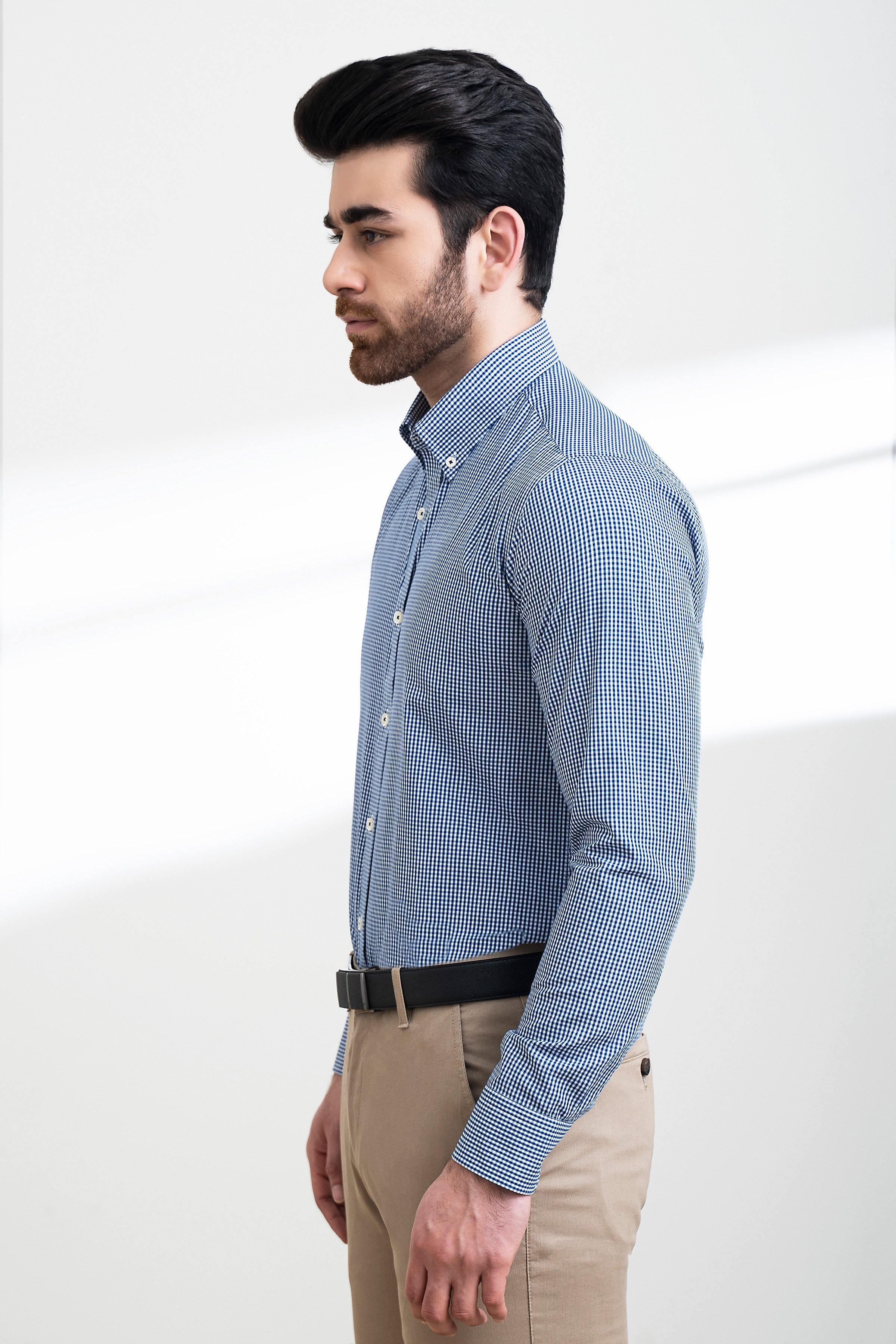 SEMI FORMAL SHIRT FULL SLEEVE BUTTON DOWN BLUE WHITE CHECK - Image 3