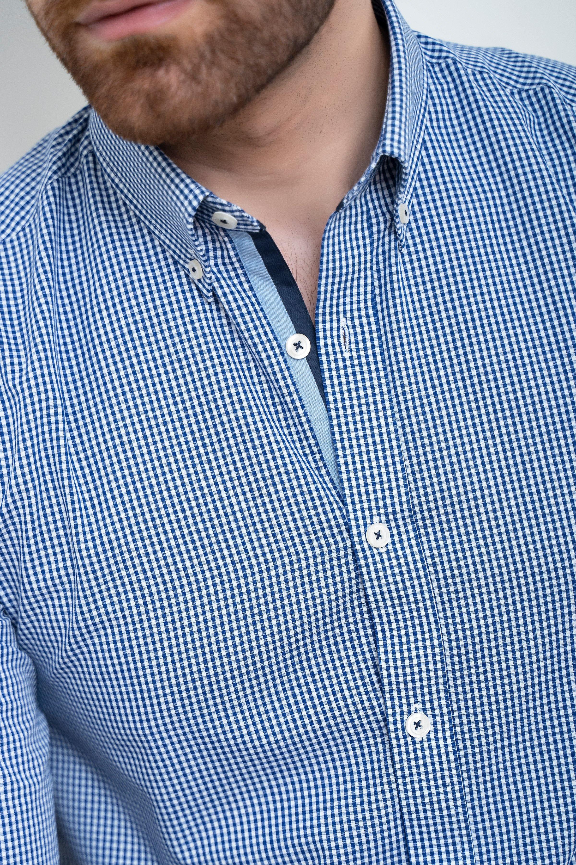 SEMI FORMAL SHIRT FULL SLEEVE BUTTON DOWN BLUE WHITE CHECK - Image 5