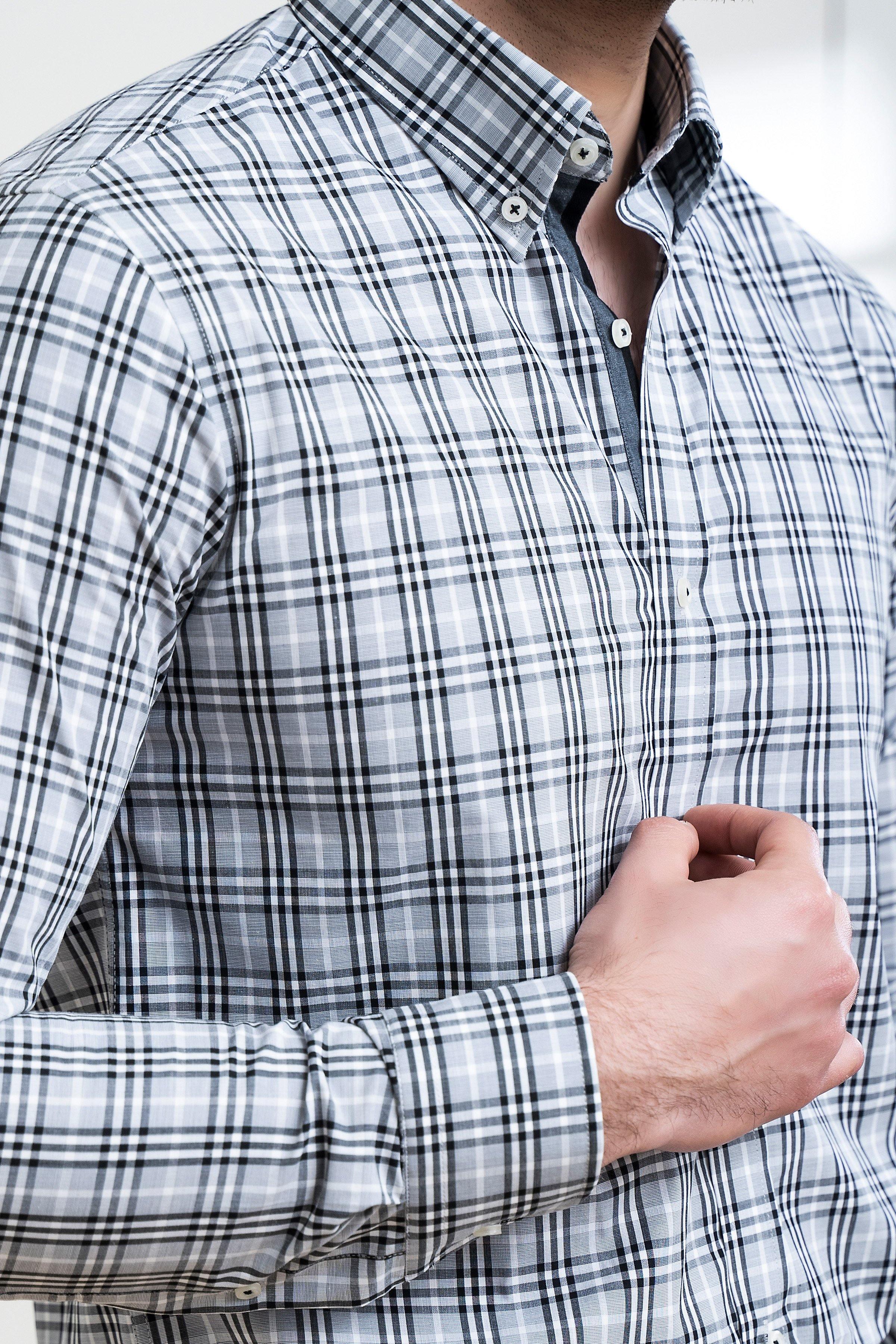 SEMI FORMAL SHIRT FULL SLEEVE BUTTON DOWN GREY BLACK - Image 2