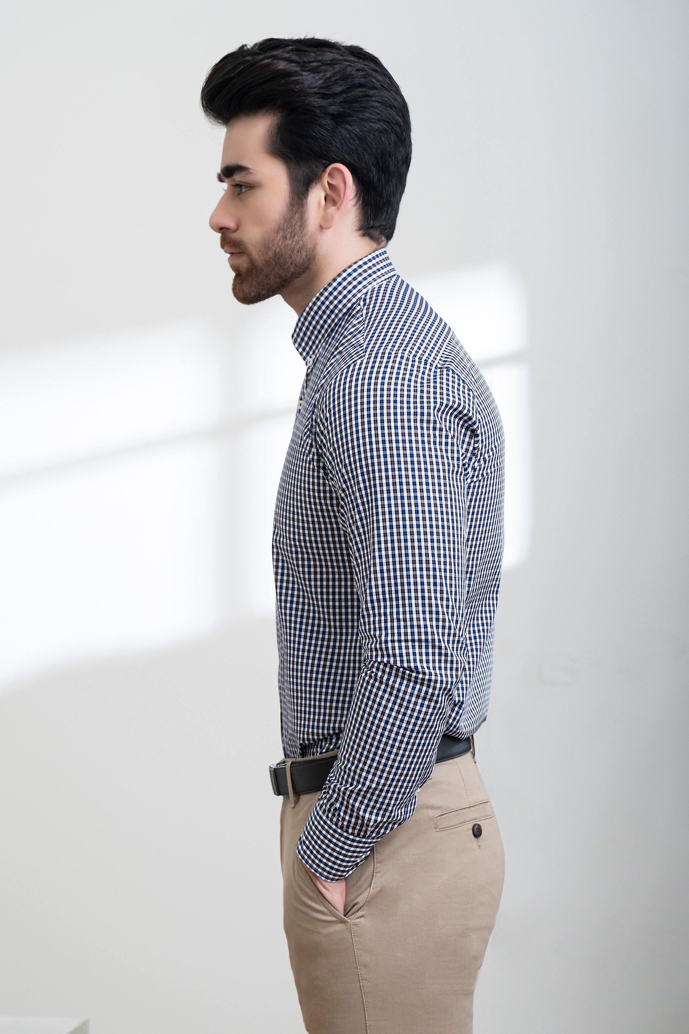 SEMI FORMAL SHIRT FULL SLEEVE BUTTON DOWN NAVY BROWN - Image 2