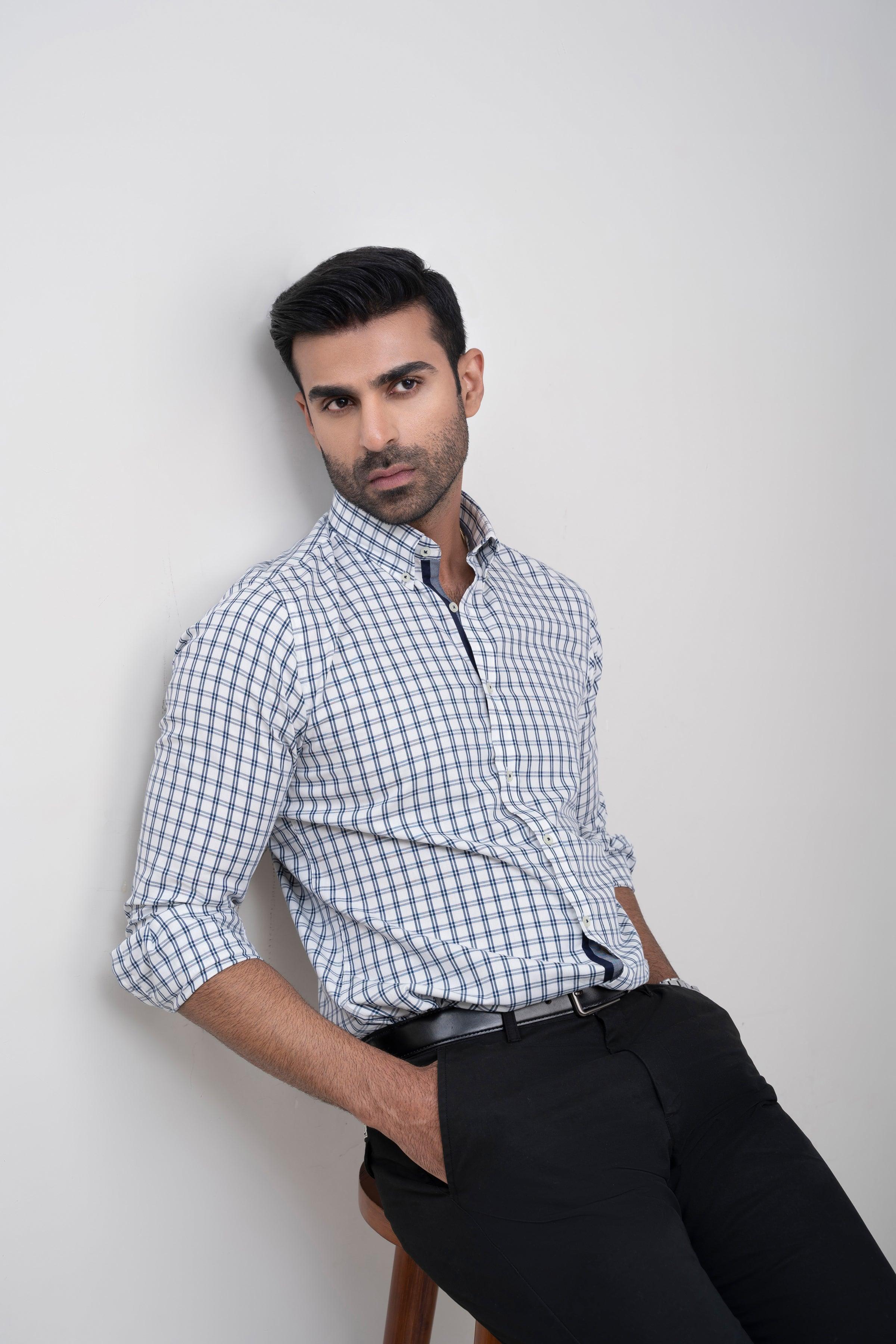 SEMI FORMAL SHIRT OFF WHITE WITH NAVY CHECK - Image 5