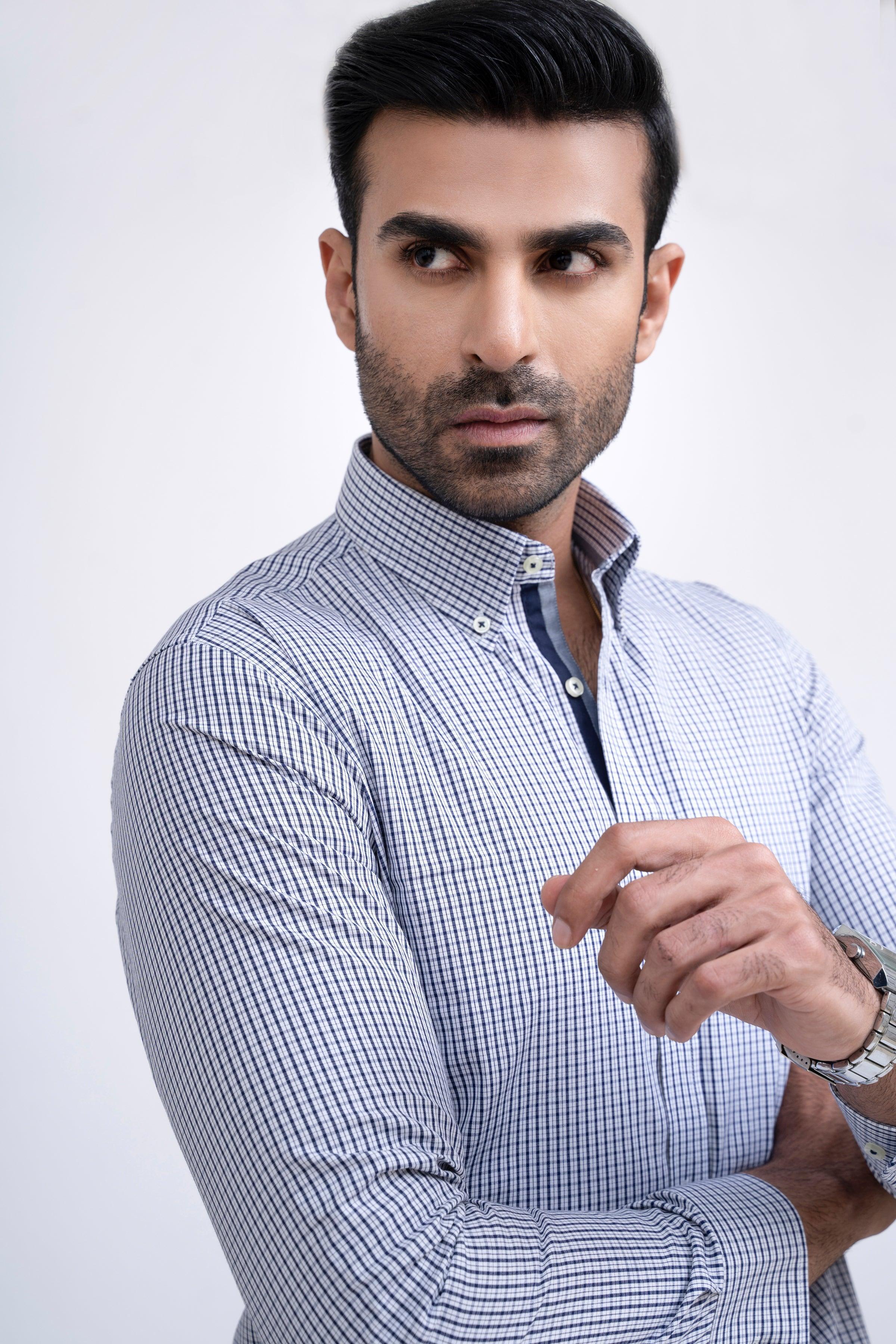 SEMI FORMAL SHIRT WHITE NAVY CHECK - Image 4