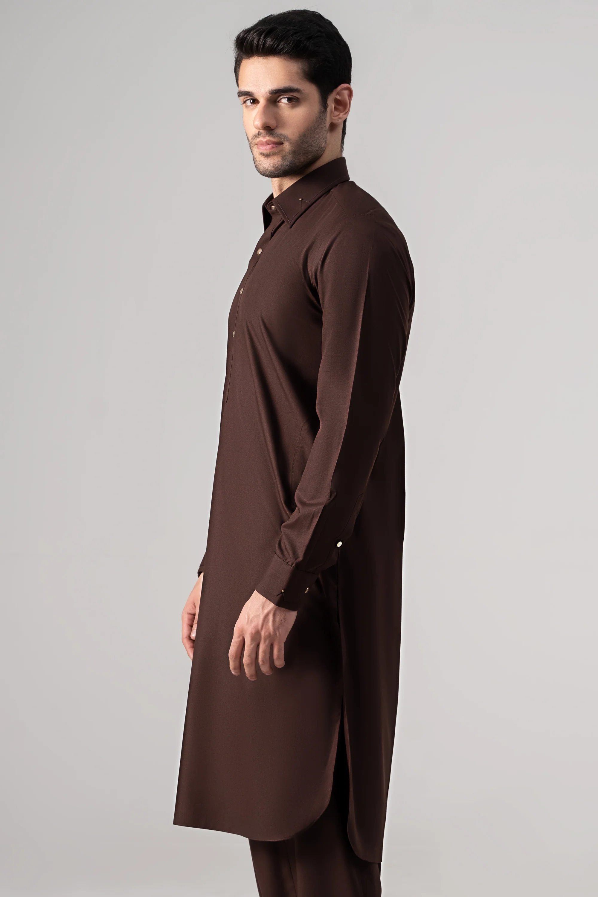 Wash & Wear Kameez Shalwar - SIGNATURE COLLECTION  DARK BROWN - Image 3