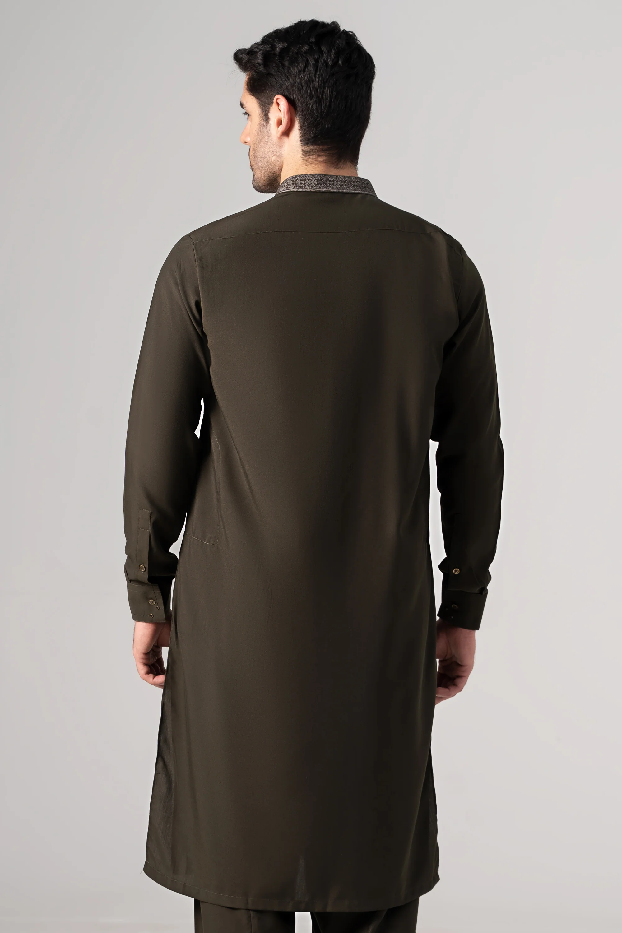 EMBROIDERED - Wash & Wear KAMEEZ SHALWAR DARK OLIVE - Image 4