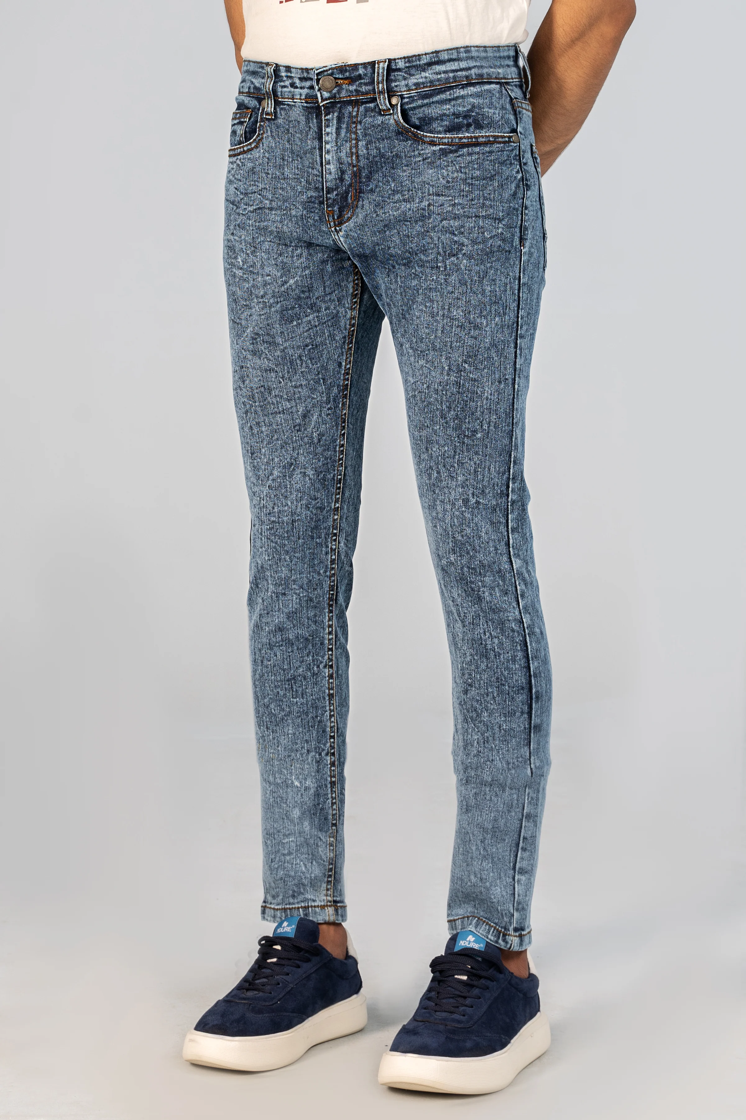 SLIM LEG DENIM JEANS MID BLUE RANDOM WASH - Image 2