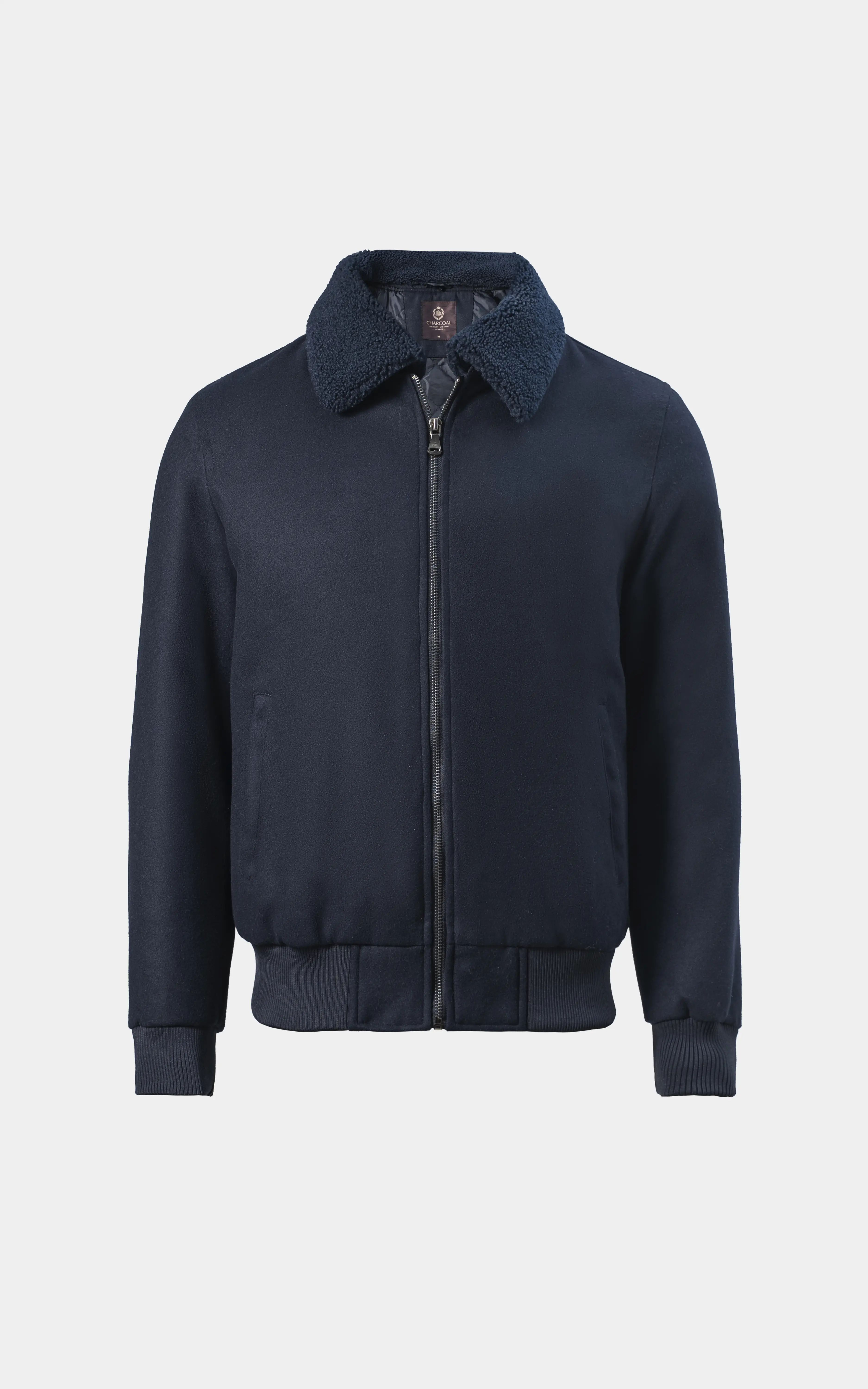SMART FIT FULLSLEEVE FUR COLLAR WOOL JACKET NAVY