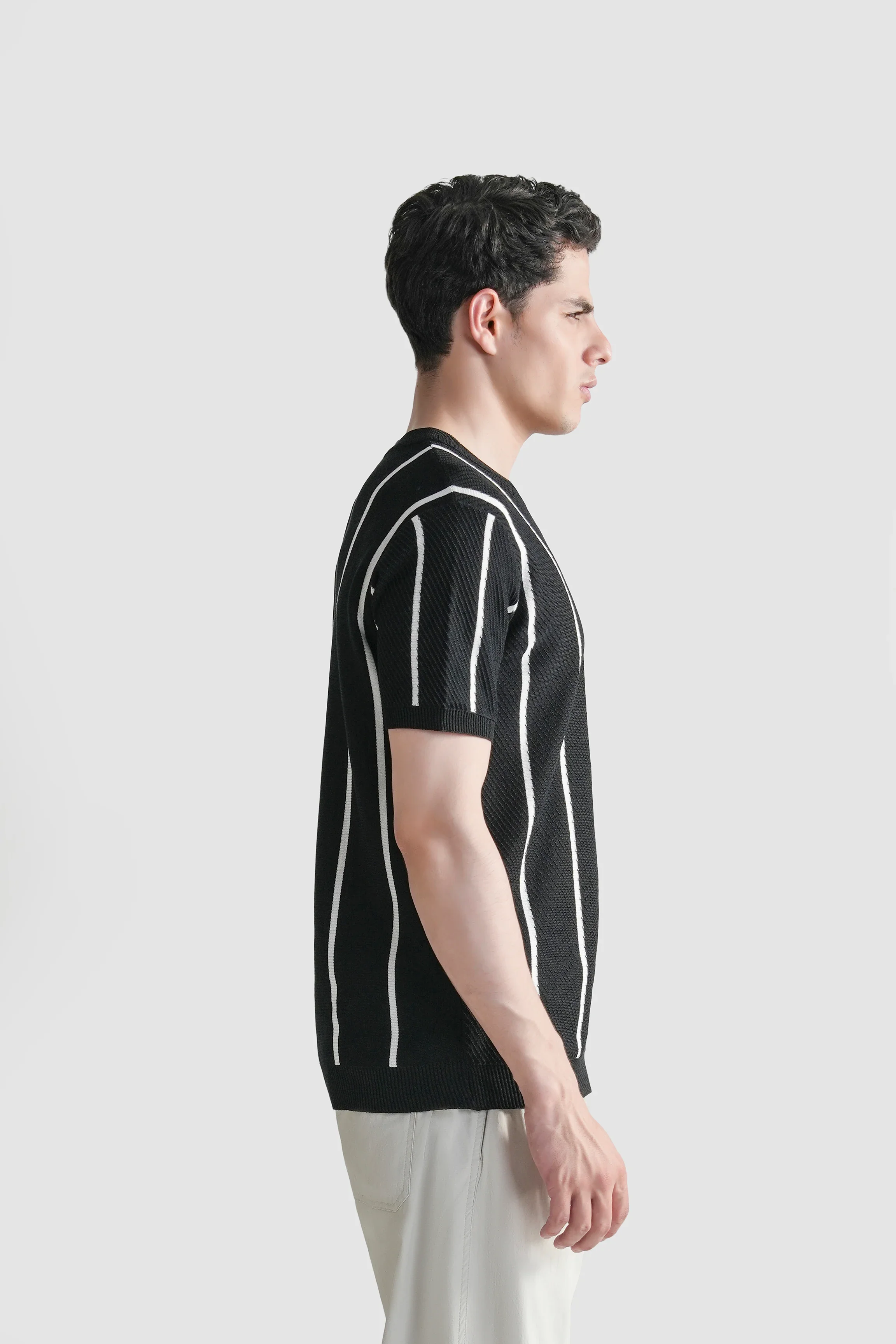 SWEATER KNIT SELF STRIPED CREW NECK T-SHIRT BLACK - Image 5