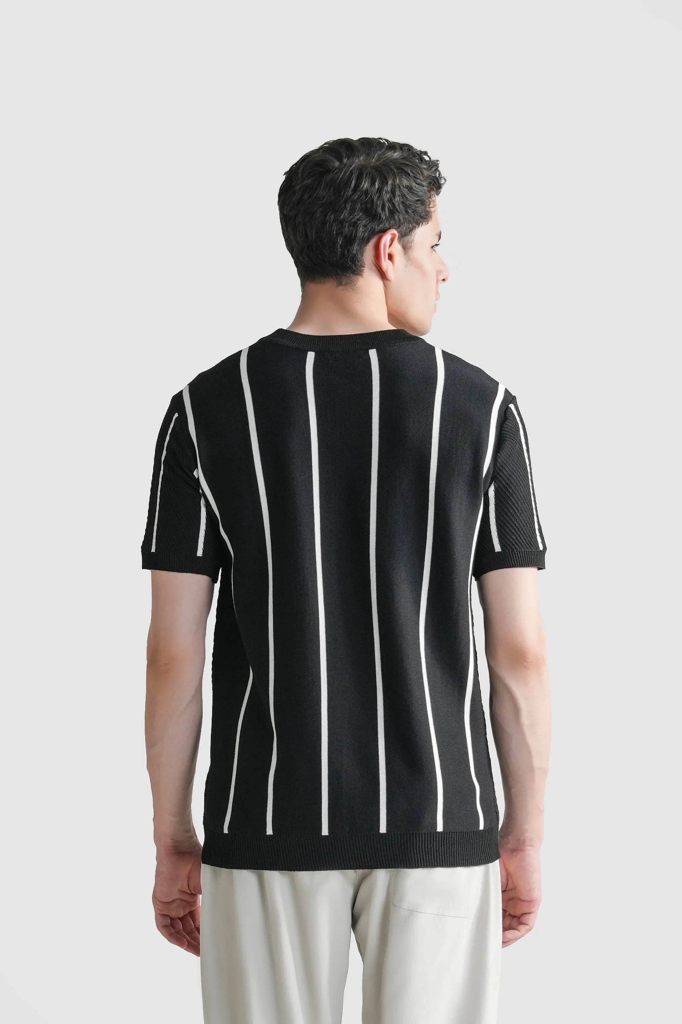 SWEATER KNIT SELF STRIPED CREW NECK T-SHIRT BLACK - Image 7