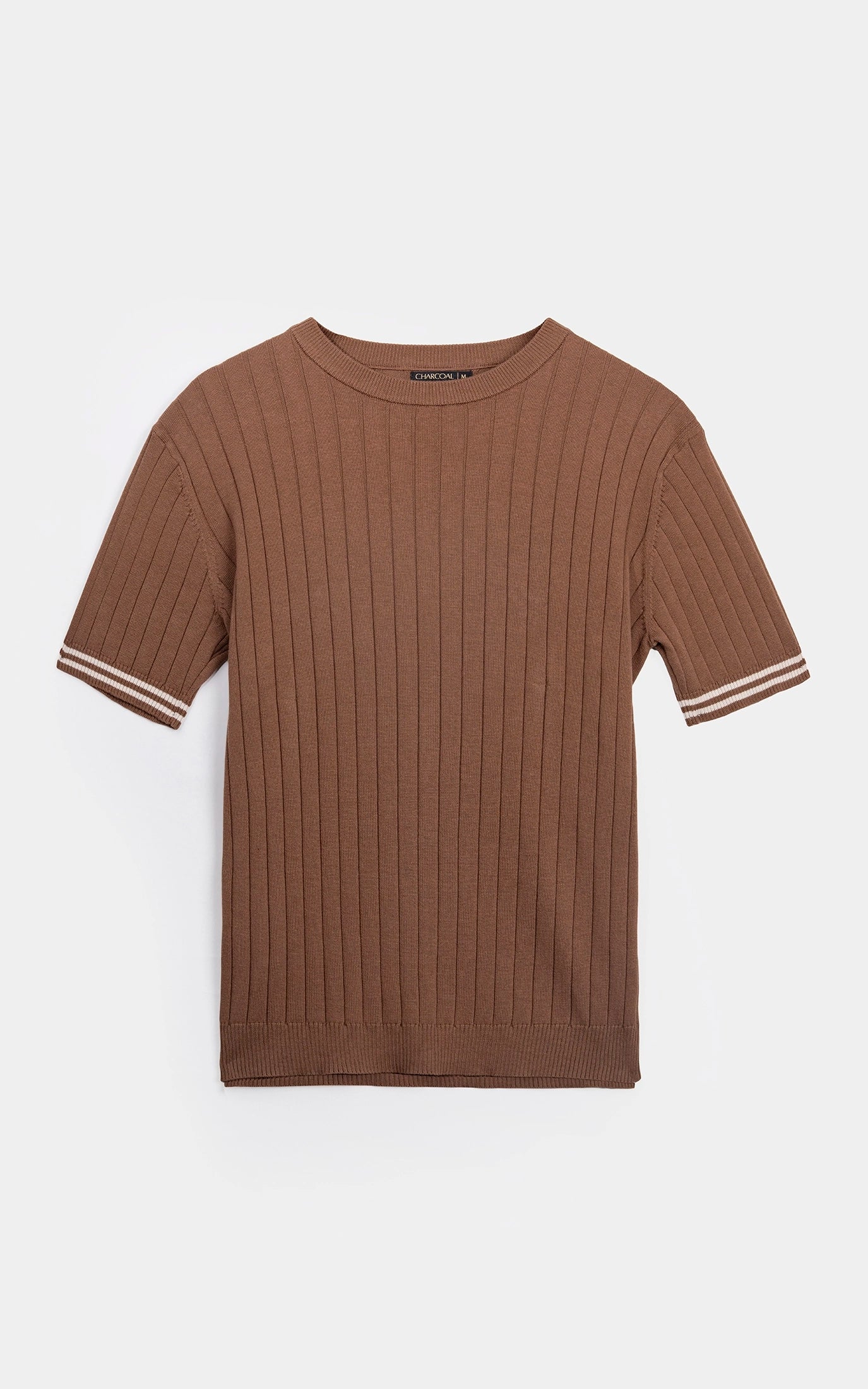 SWEATER KNIT SELF STRIPED CREW  NECK T SHIRT BROWN - Image 2
