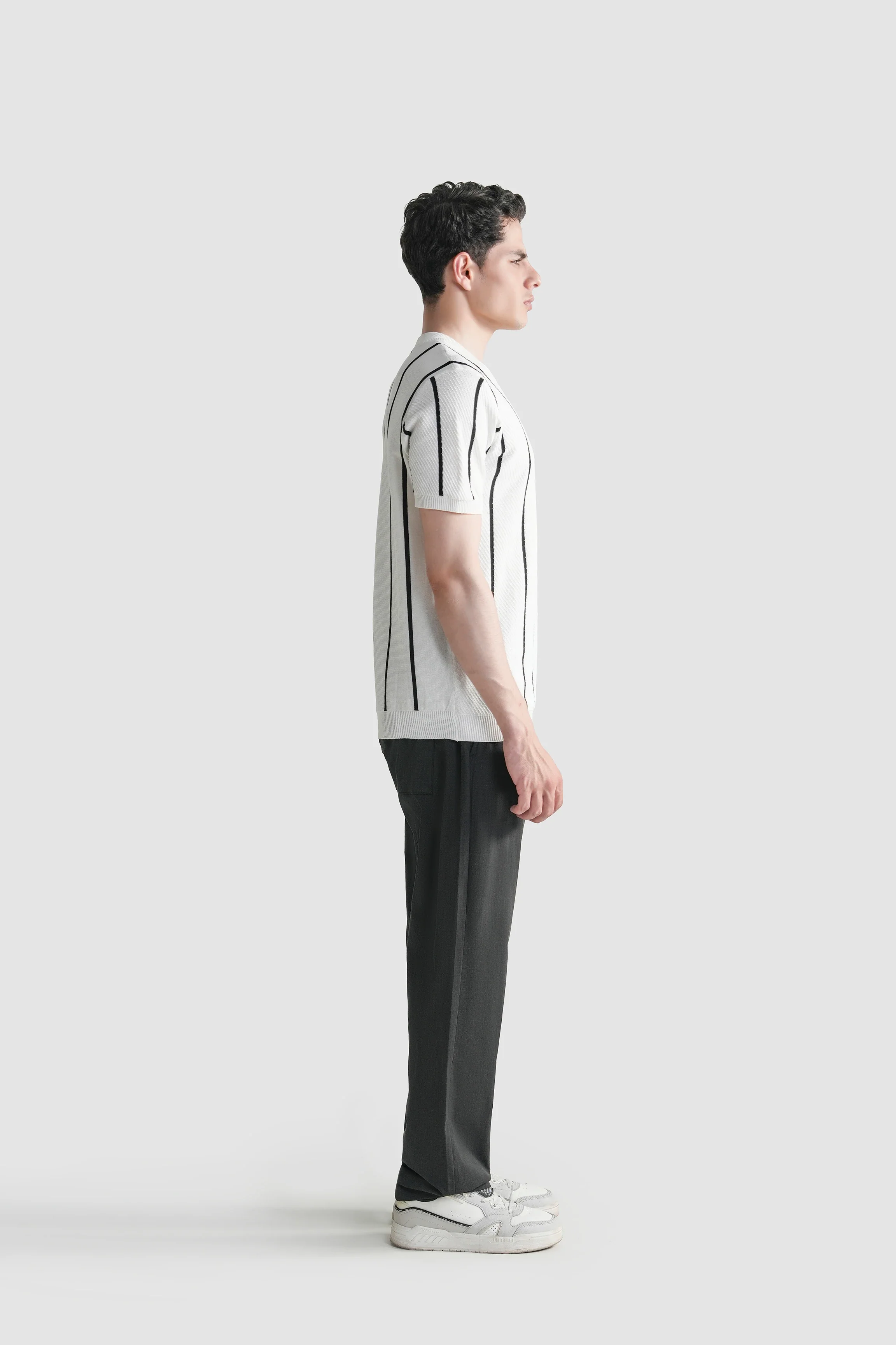 SWEATER KNIT SELF STRIPED CREW NECK T-SHIRT WHITE - Image 5