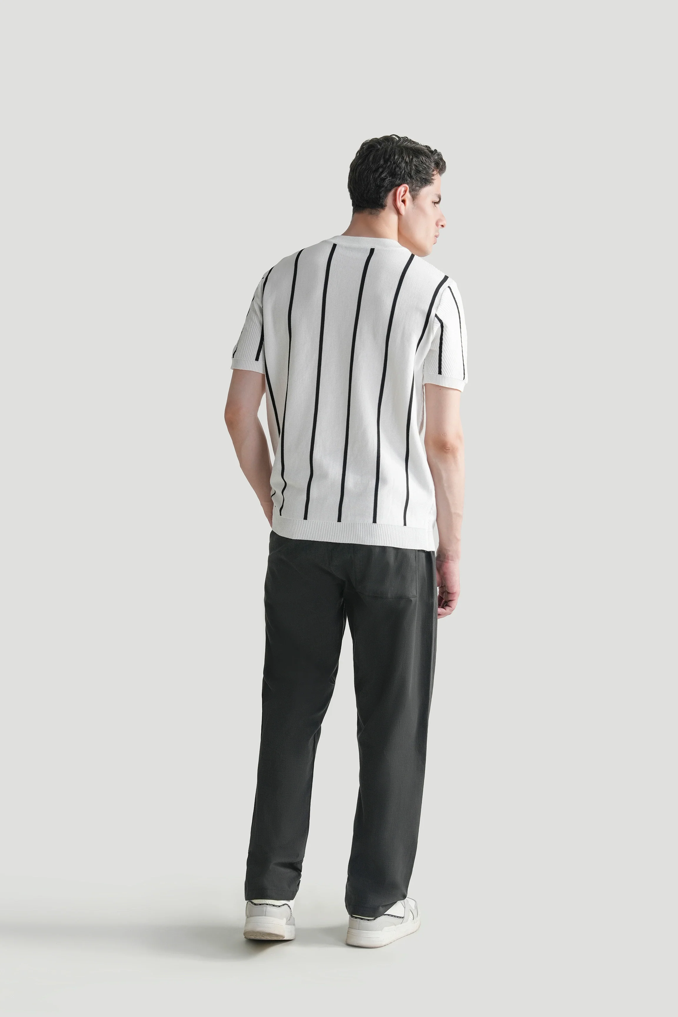 SWEATER KNIT SELF STRIPED CREW NECK T-SHIRT WHITE - Image 6