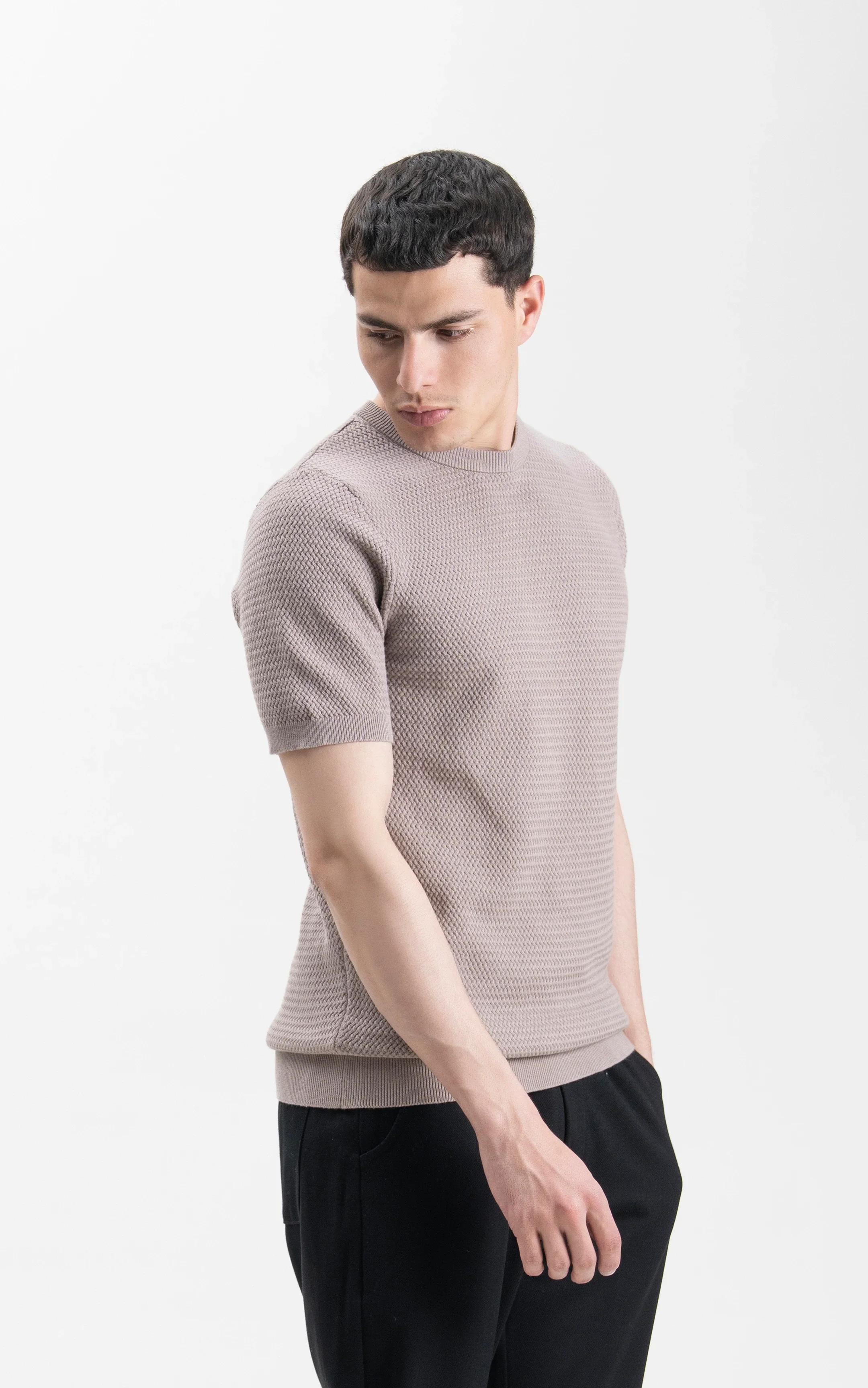 SWEATER KNIT SELF TEXTURED CREW NECK T SHIRT ASH GREY - Image 3